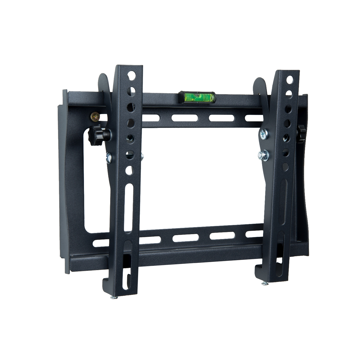 Schwarze TV-Wandhalterung mit Wasserwaage. Hat vertikale Halterungen und verstellbare Arme.