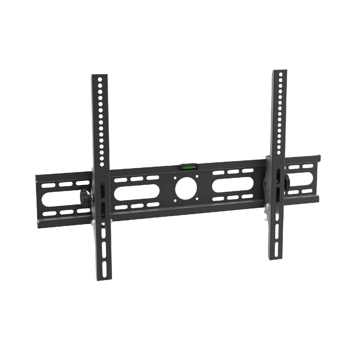 Schwarze TV-Halterung. Sie hat zwei vertikale Stützstangen und eine horizontale Stange.