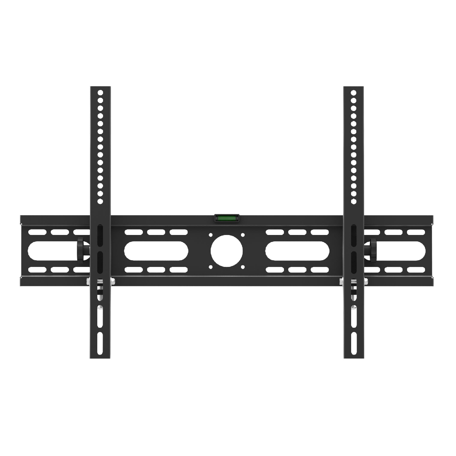Eine schwarze TV-Halterung mit zwei vertikalen Stangen und einer Wasserwaage. Sie ist für die Wandmontage konzipiert.