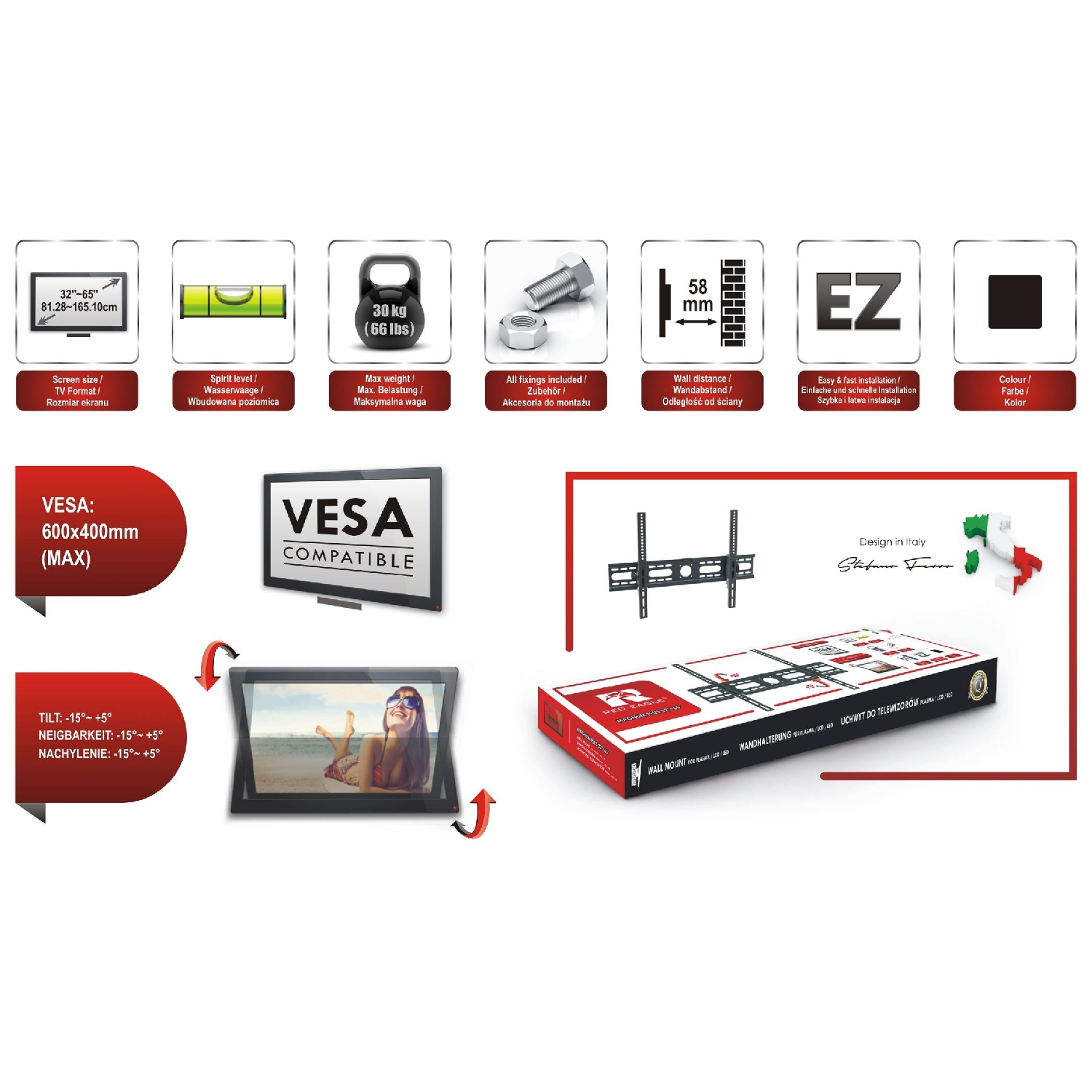 Diagramm einer TV-Halterung mit Produktdetails, Symbolen und einem Fernseher.
