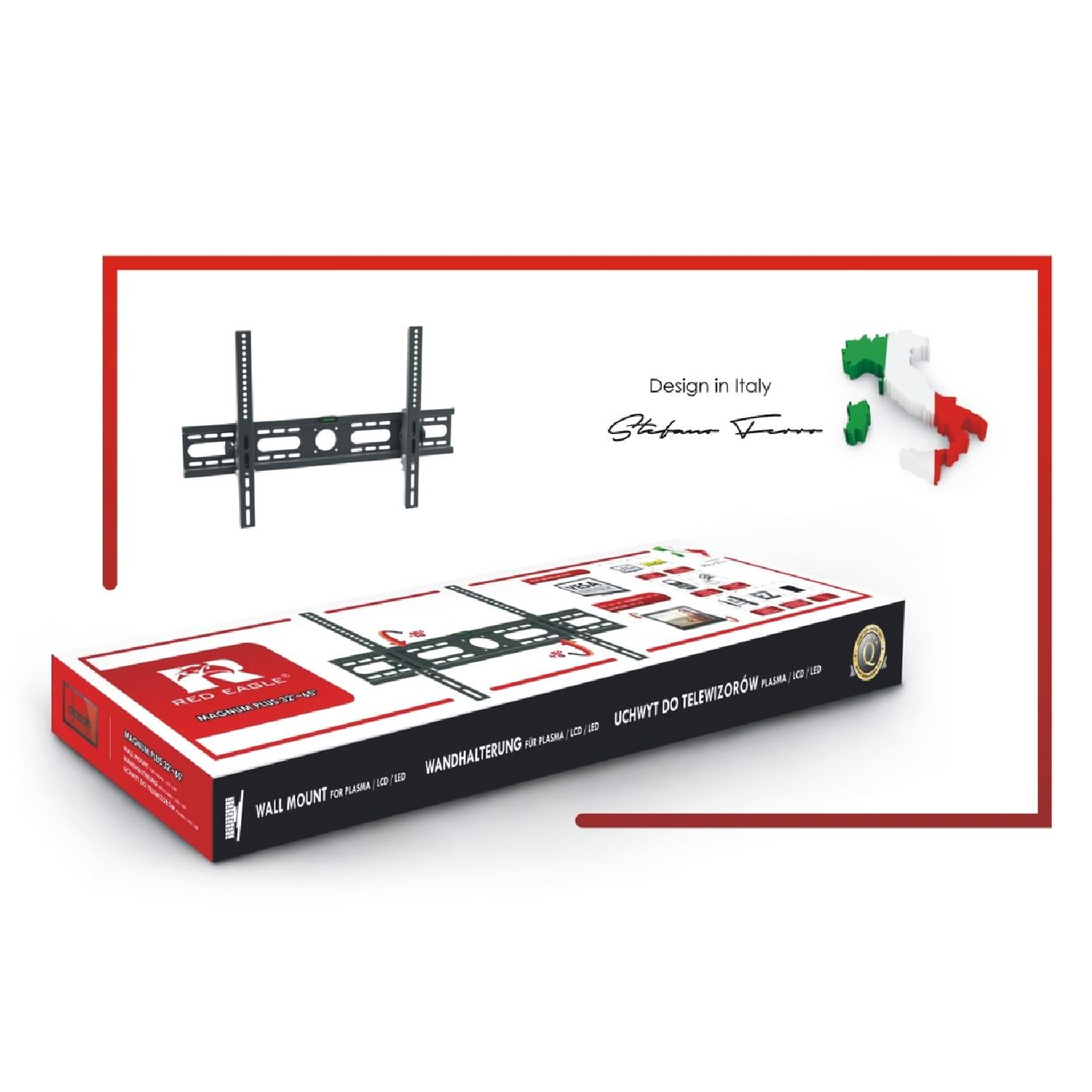 TV-Wandhalterung mit Box, italienisches Design. Merkmale: Halterung, Box und italienische Flagge.