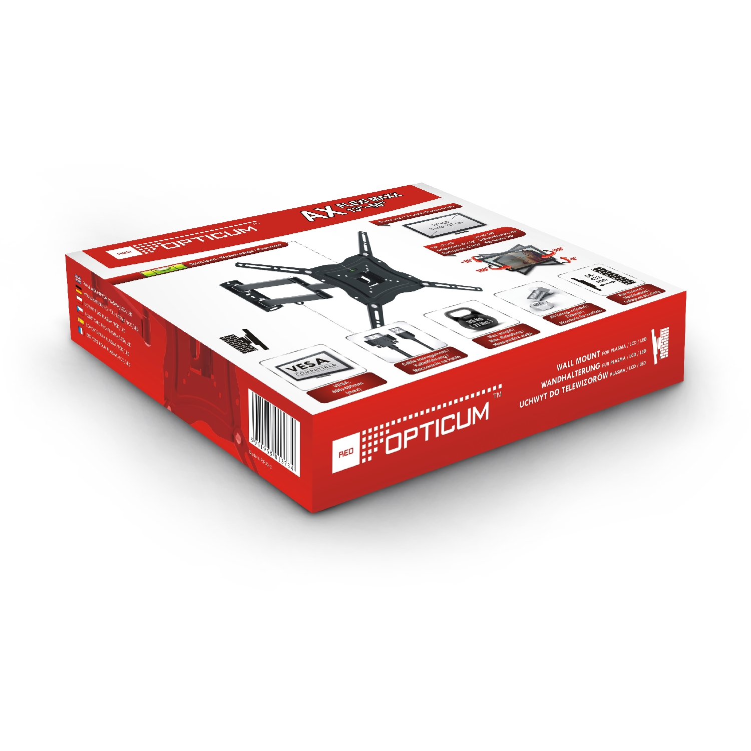 Box mit TV-Halterung und anderem Zubehör, mit Text OPTICUM.
