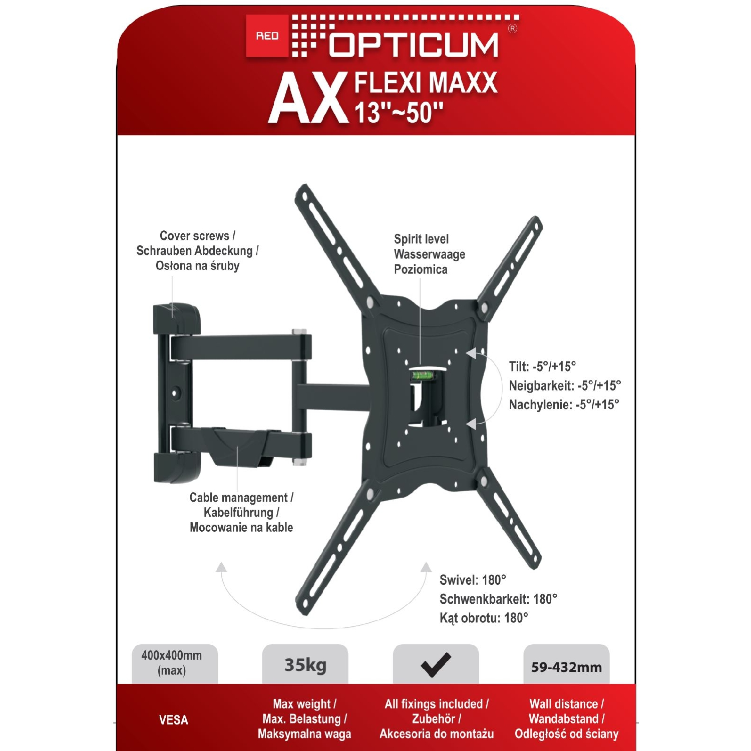 Schwarze TV-Wandhalterung mit Text, Diagrammen und Details. Rotes Opticum Flexi Maxx Branding.