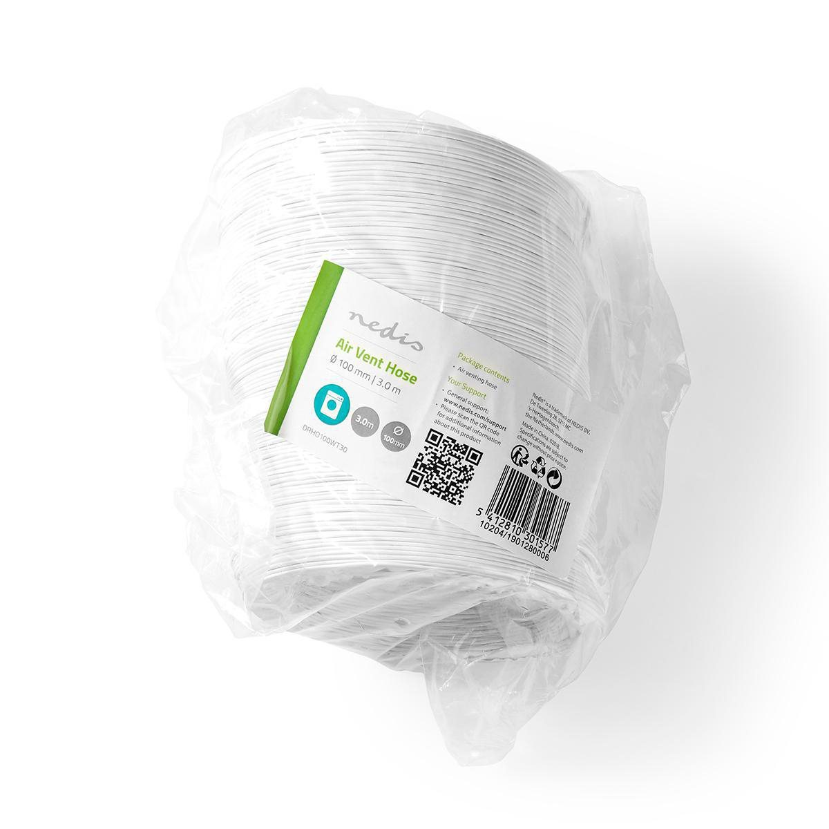 Eine Rolle weißer Luftschlauchs in einer durchsichtigen Plastiktüte mit Etikett.