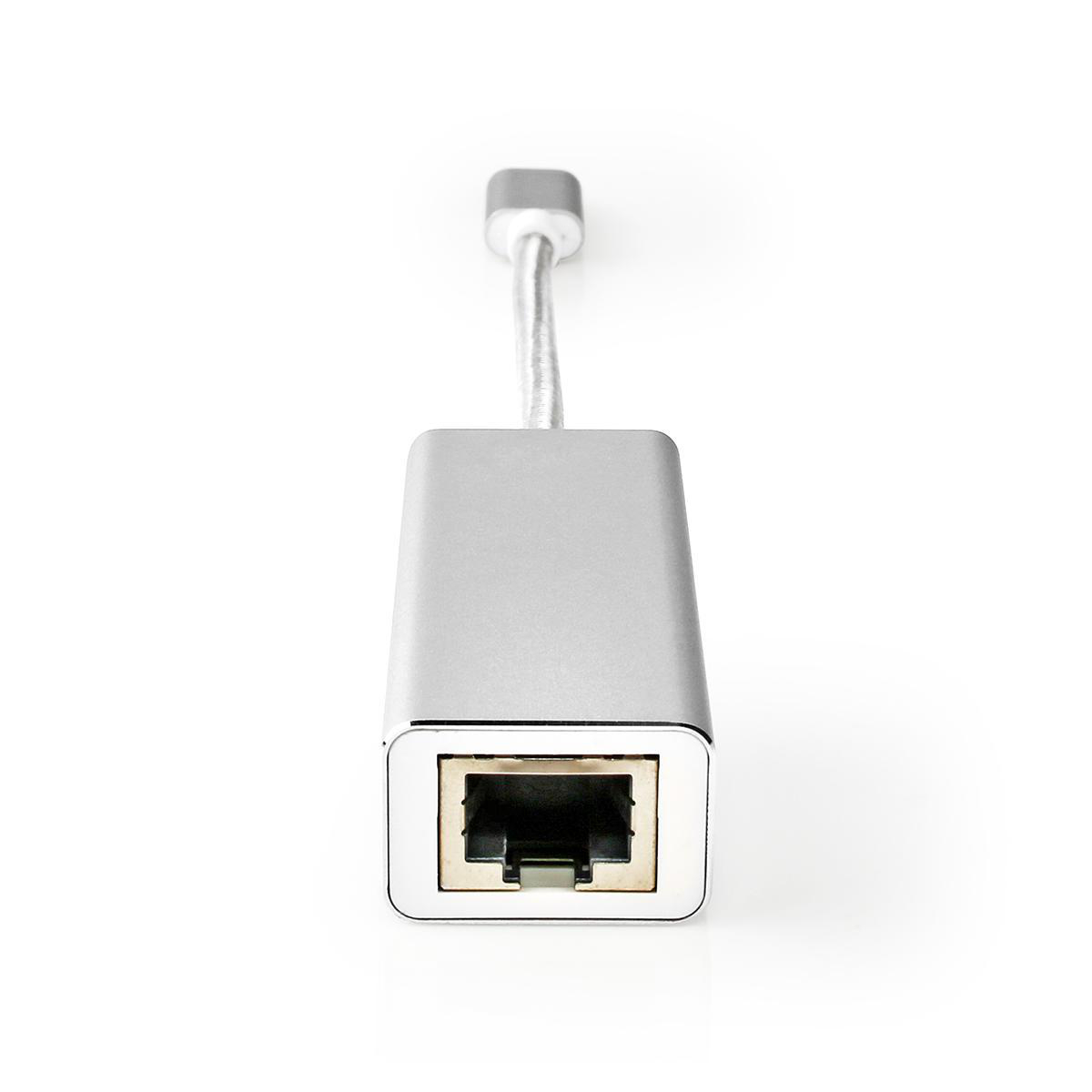A silver Ethernet adapter with an RJ45 port and a flexible cable.