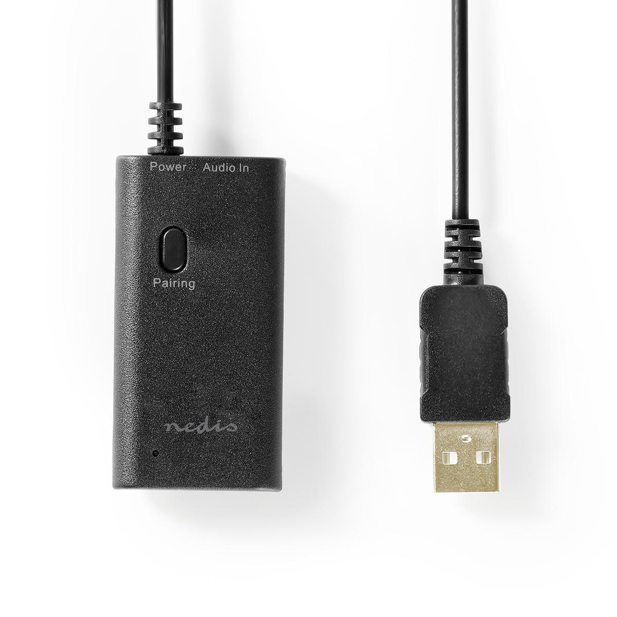 Un dispositivo nero con un cavo USB e un connettore USB. Il dispositivo ha un pulsante di accoppiamento.