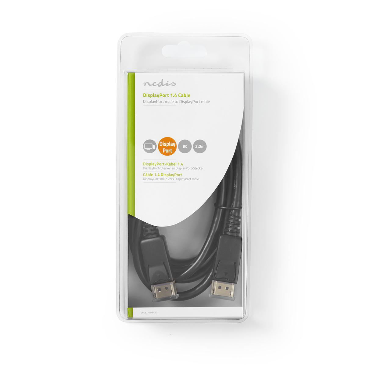 Câble DisplayPort dans un emballage plastique. Le câble est noir.