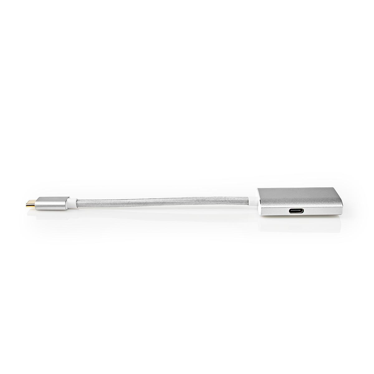 Ein silberner USB-C-Adapter mit einem geflochtenen Kabel und einem Anschluss.