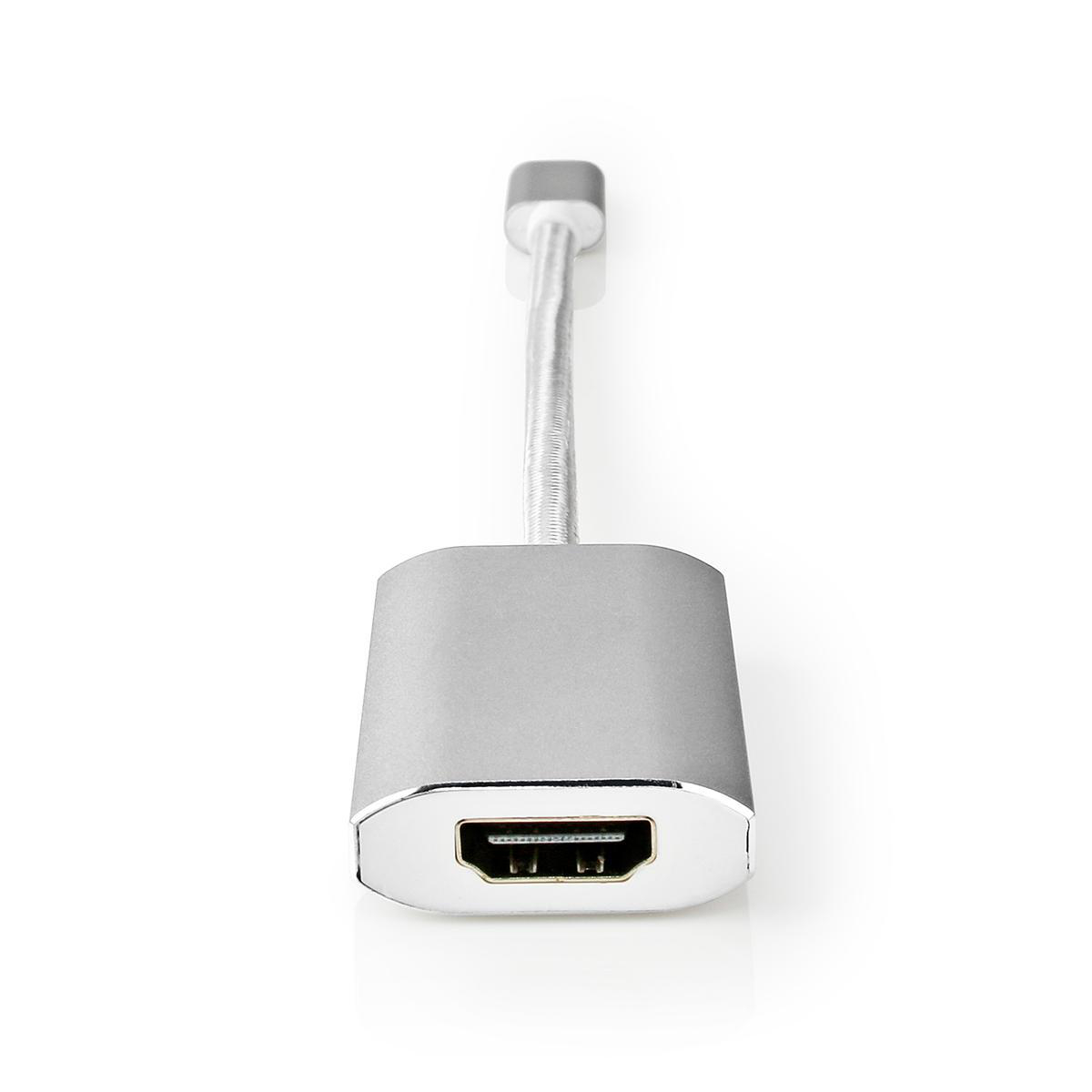Ein silberner HDMI-Adapter mit einem flexiblen Kabel und einem rechteckigen Anschluss.