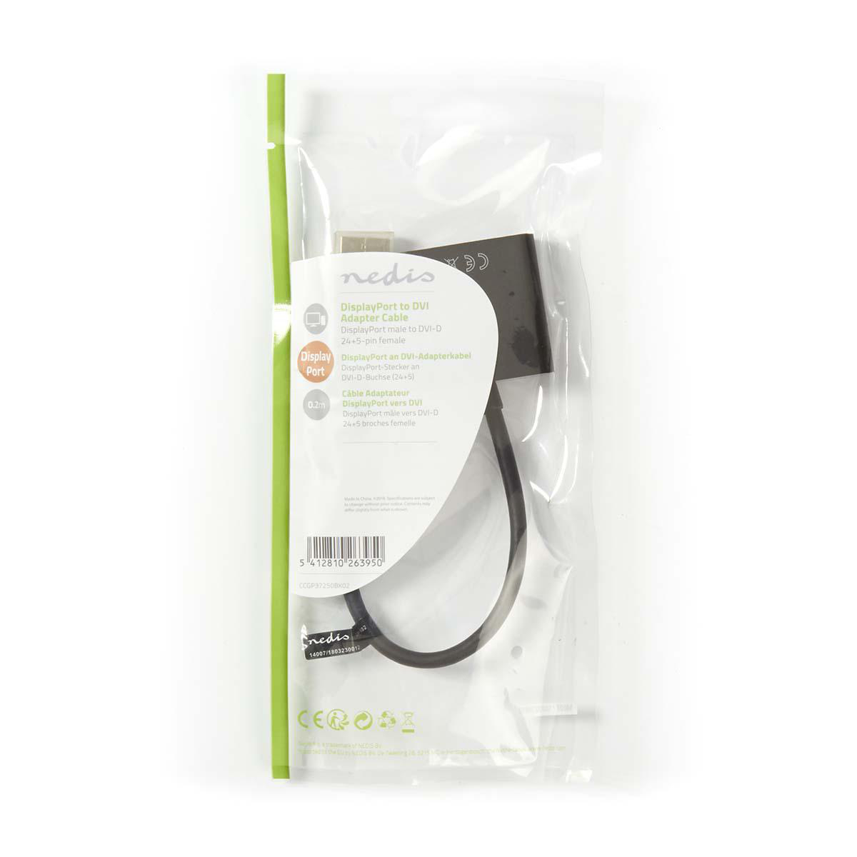 DisplayPort-zu-DVI-Adapterkabel in versiegelter Kunststoffverpackung. Weißer Hintergrund.