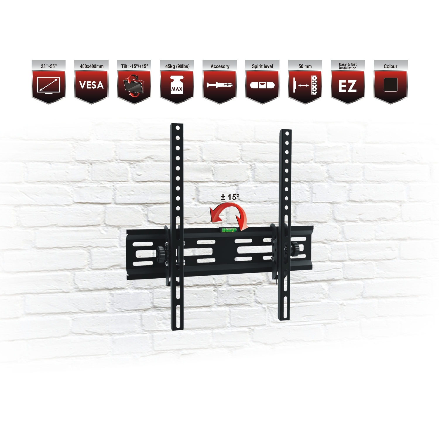 Soporte de pared para TV negro con especificaciones. Incluye un nivel y la capacidad de inclinación de 15 grados.