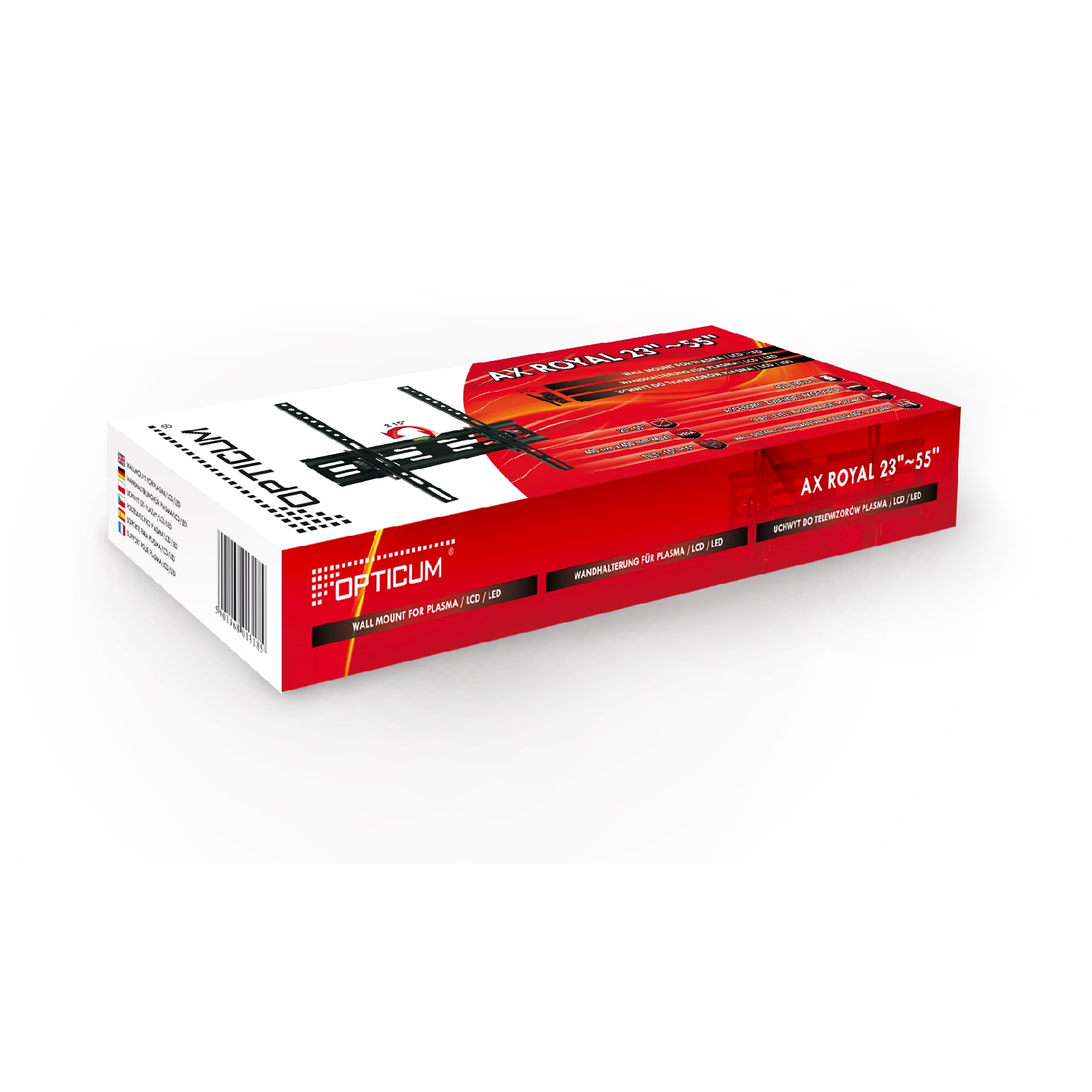 Caja con diseño rojo y blanco. Lee Opticum AX Royal 23-55, sobre una superficie blanca.