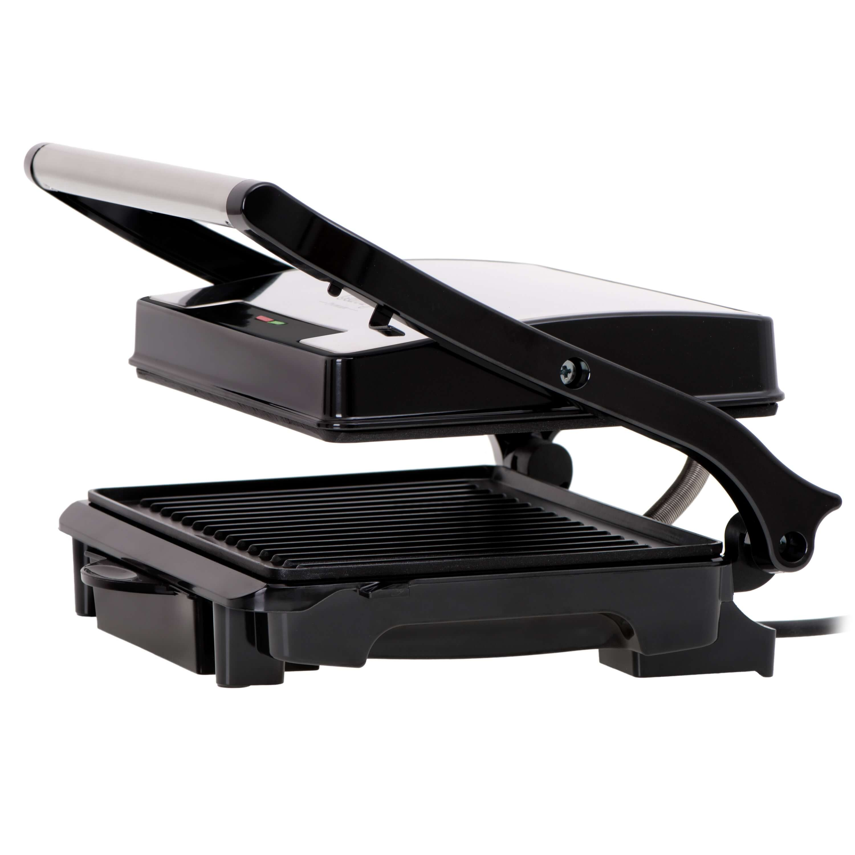 Czarny grill ze srebrnym uchwytem, częściowo otwarty, pokazujący płyty grilla.