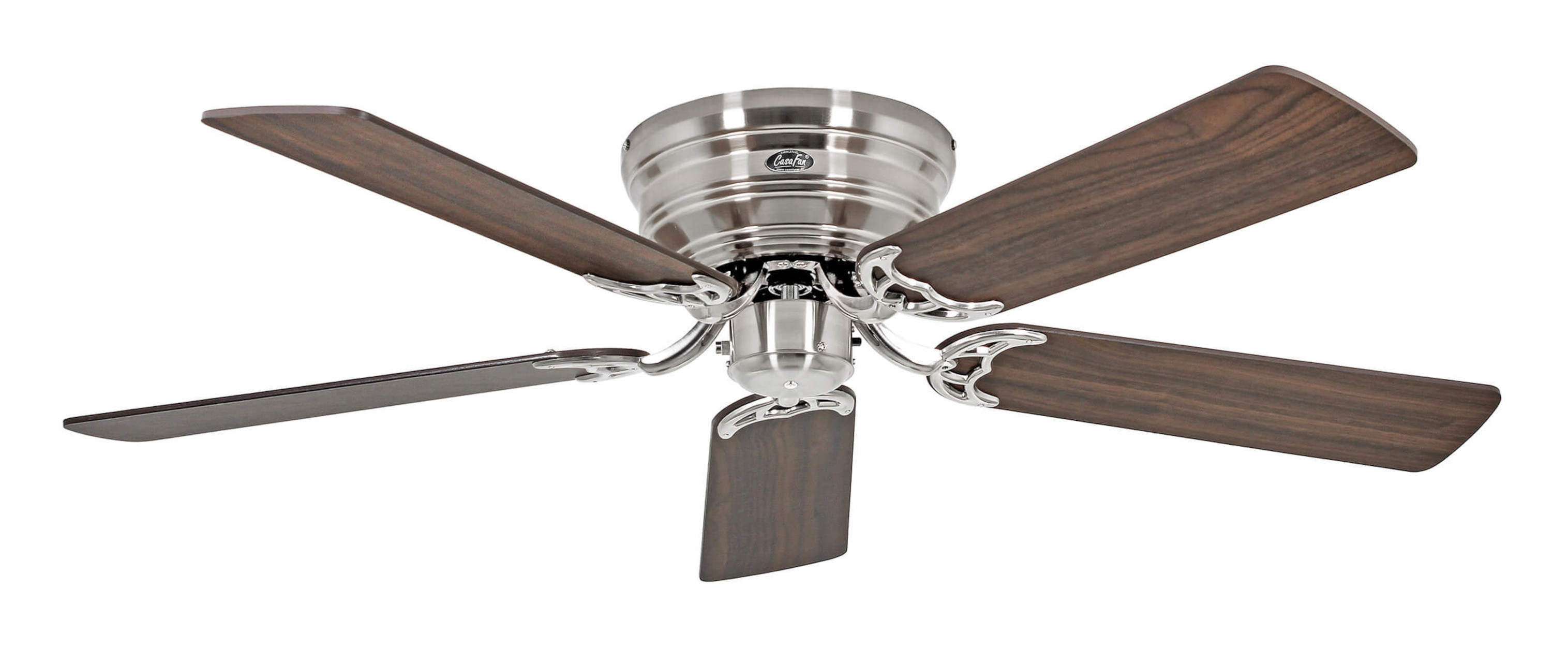 Ventilatore da soffitto con pale in legno, finitura argento. Bianco.