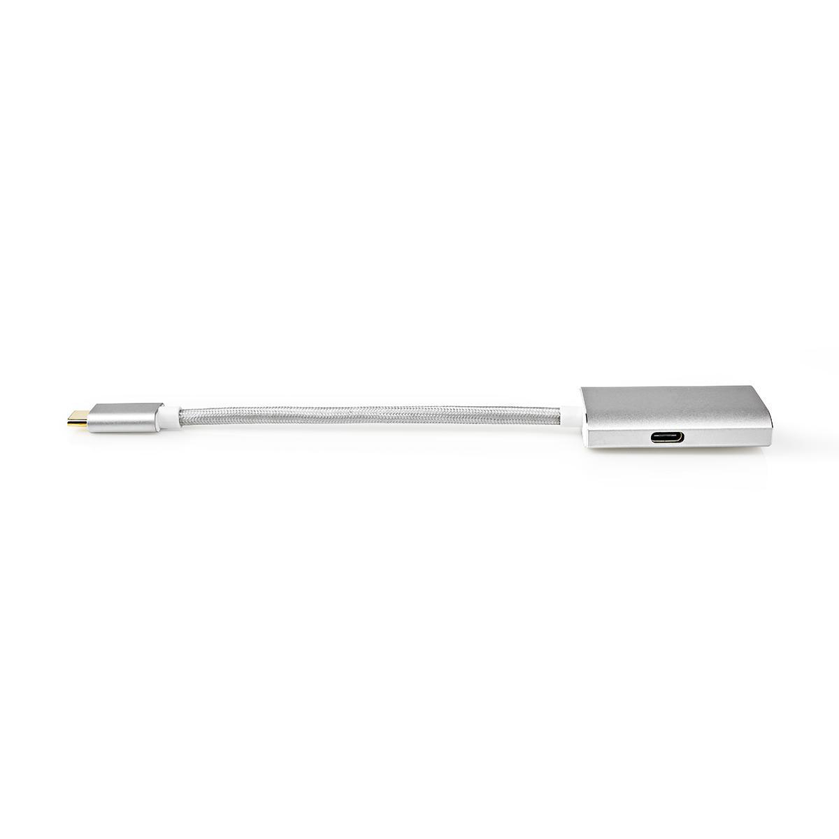 Ein silberner USB-C-Adapter mit einem geflochtenen Kabel und einem Anschluss.