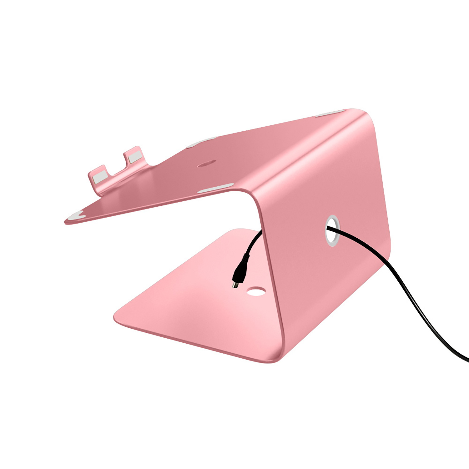 Rosafarbener Laptopständer mit Kabel. Der Ständer ist abgewinkelt und hat ein Loch.