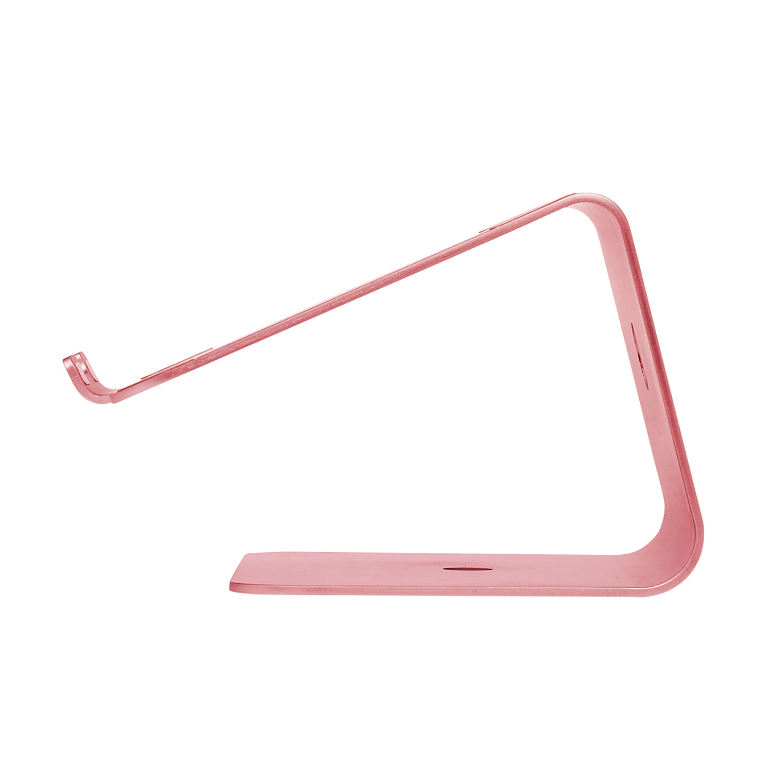 Ein pinkfarbener Laptop-Ständer in Bogenform, der das Gerät in einem Winkel abstützen soll.