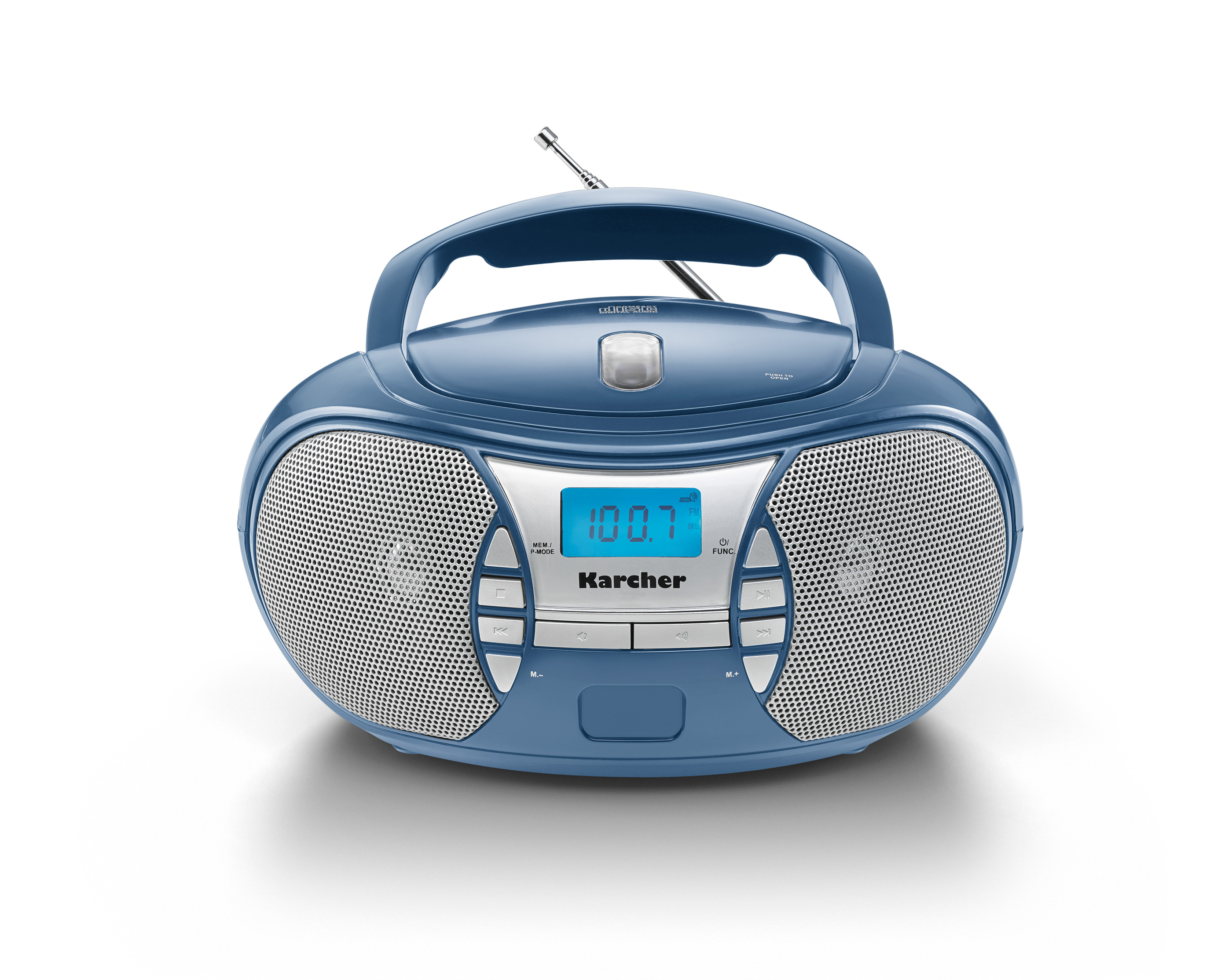 Ein blaues Karcher Boombox-Radio. Es hat einen Griff, Lautsprecher, Knöpfe und einen Bildschirm mit '100.7'.
