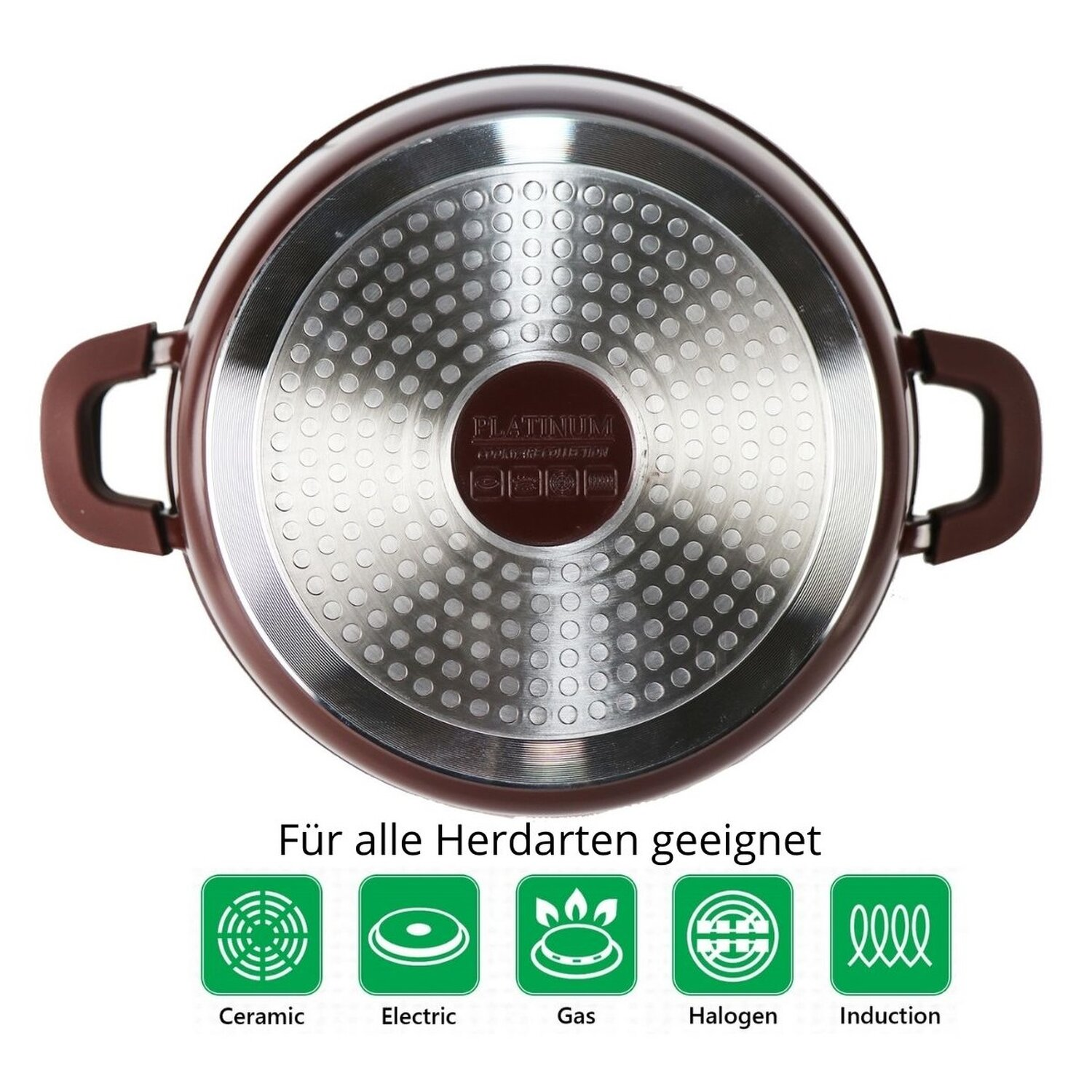 Ein rot-brauner Topf mit braunen Griffen. Der Boden hat eine silberne Oberfläche und verschiedene Symbole.
