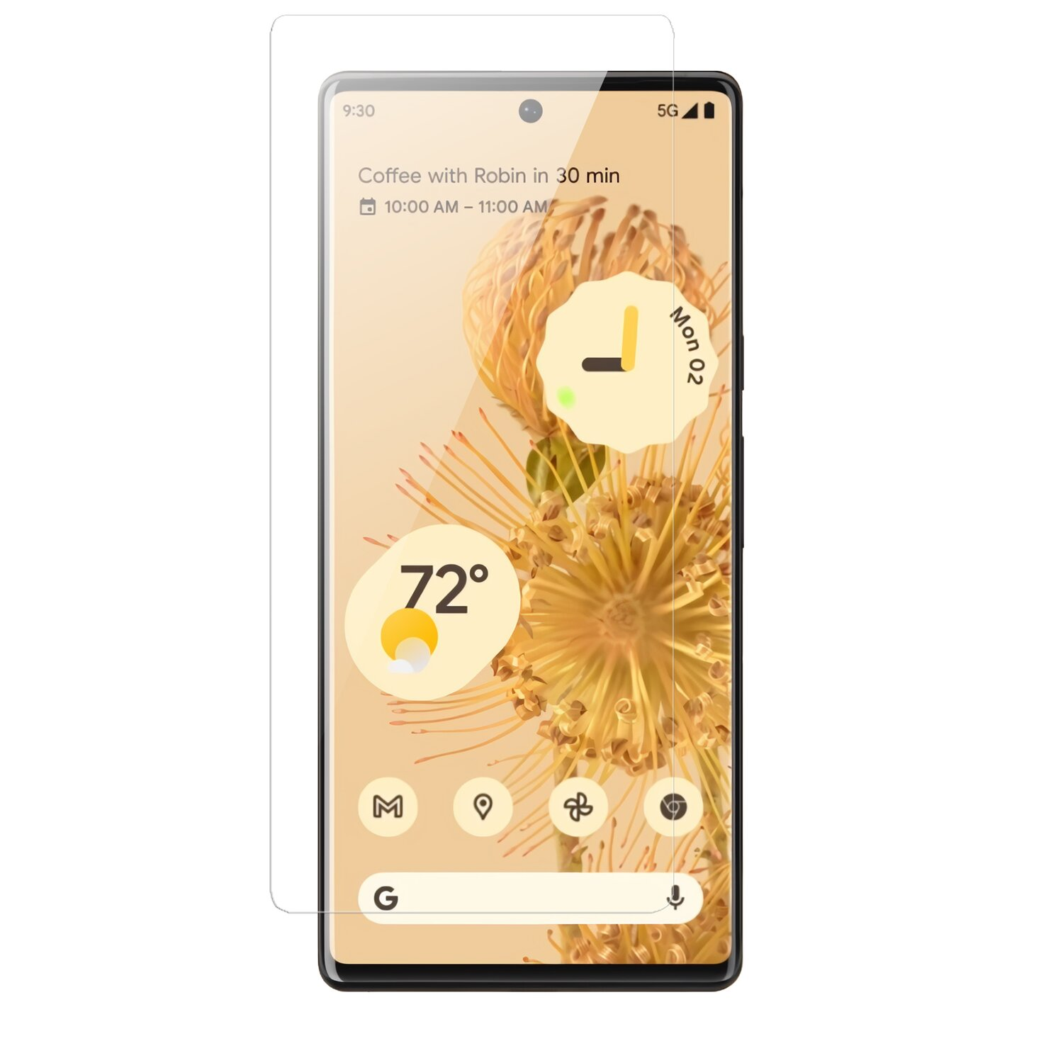 Ein Smartphone mit Displayschutz, das Kalender- und Wetterinformationen anzeigt.