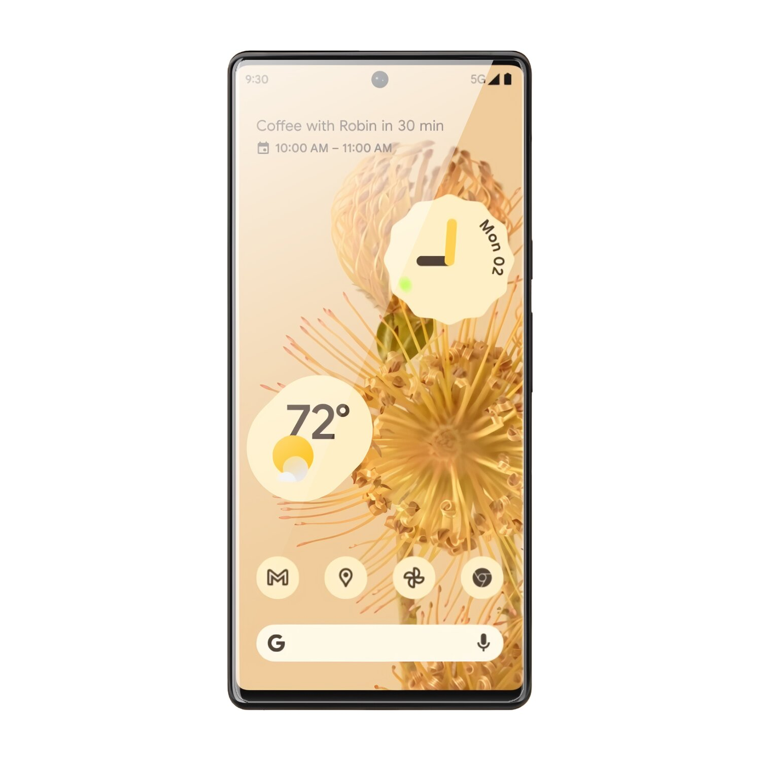 Telefondisplay zeigt Uhr, Temperatur und Kalender. Der Hintergrund ist weiß.