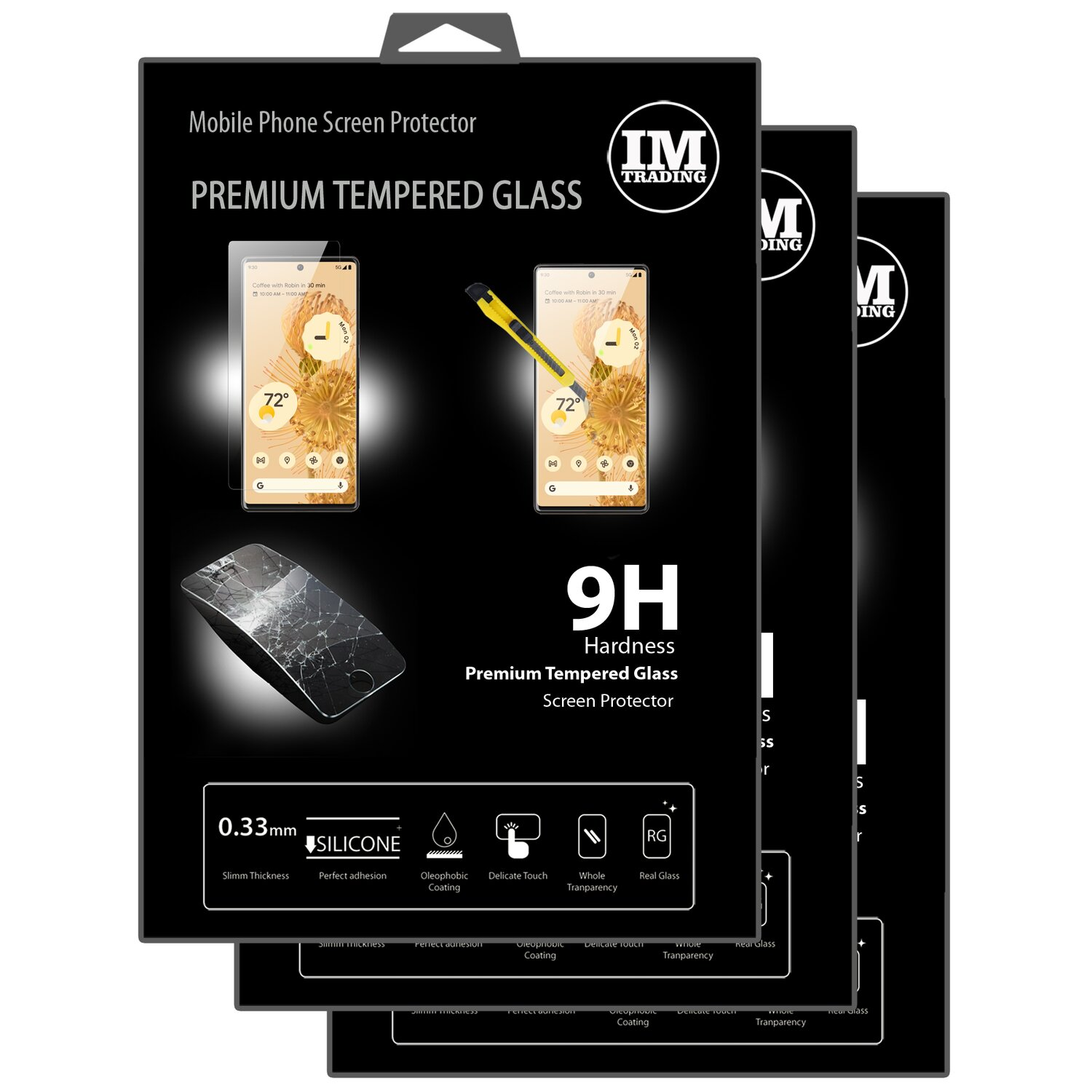 Packung mit 3 Displayschutzfolien für Telefone. Schwarze Verpackung mit Telefonbildern.