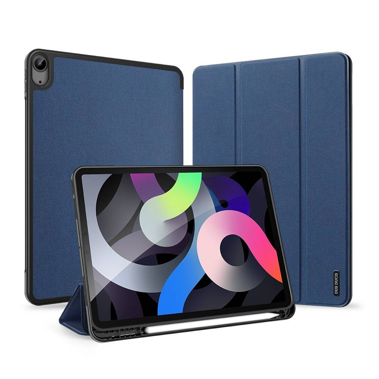 Blaues Tablet mit Hülle. Das Tablet befindet sich mit einem Stift in verschiedenen Positionen. Weißer Hintergrund.