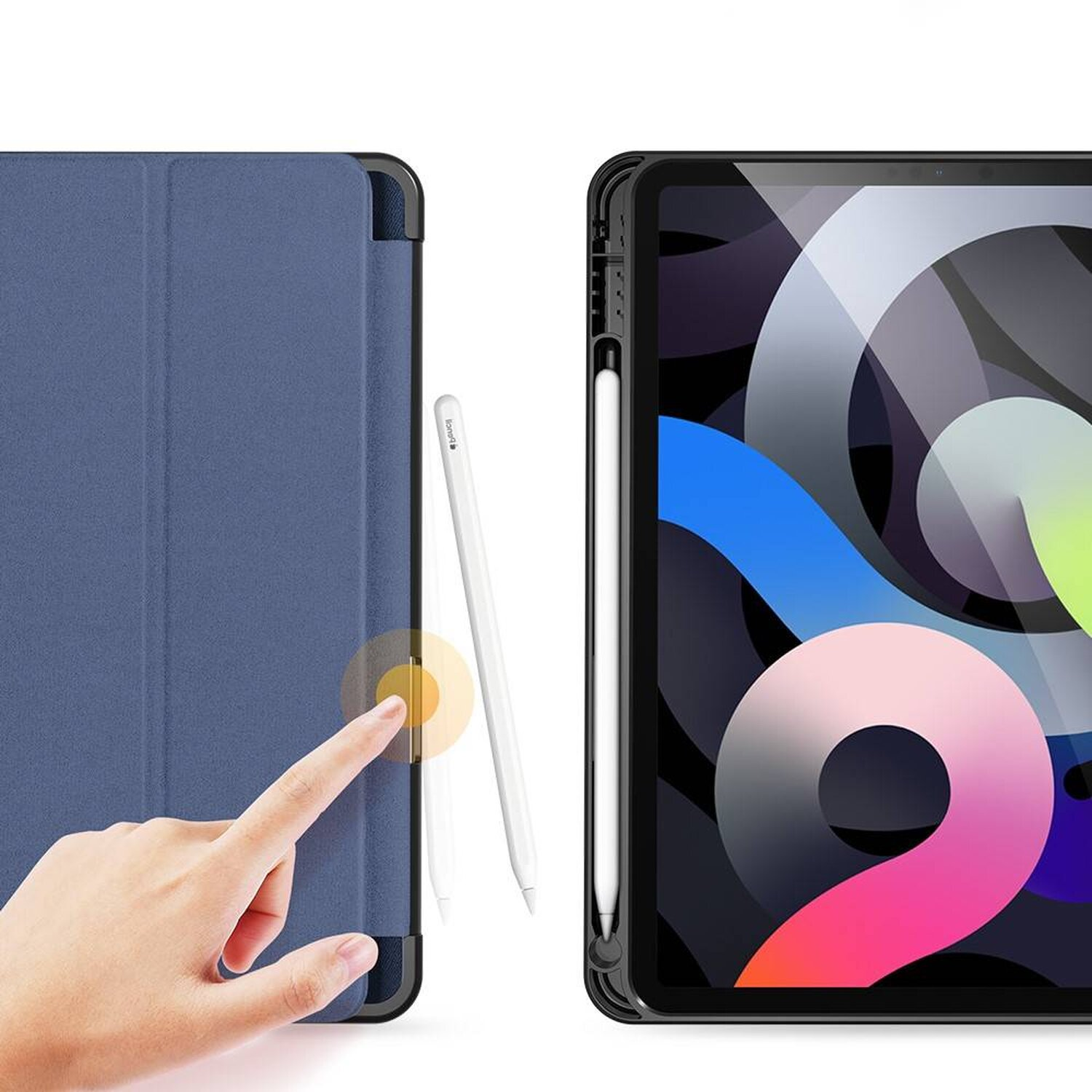iPad-Hülle, eine Hand drückt auf die Abdeckung, mit Apple Pencil daneben.