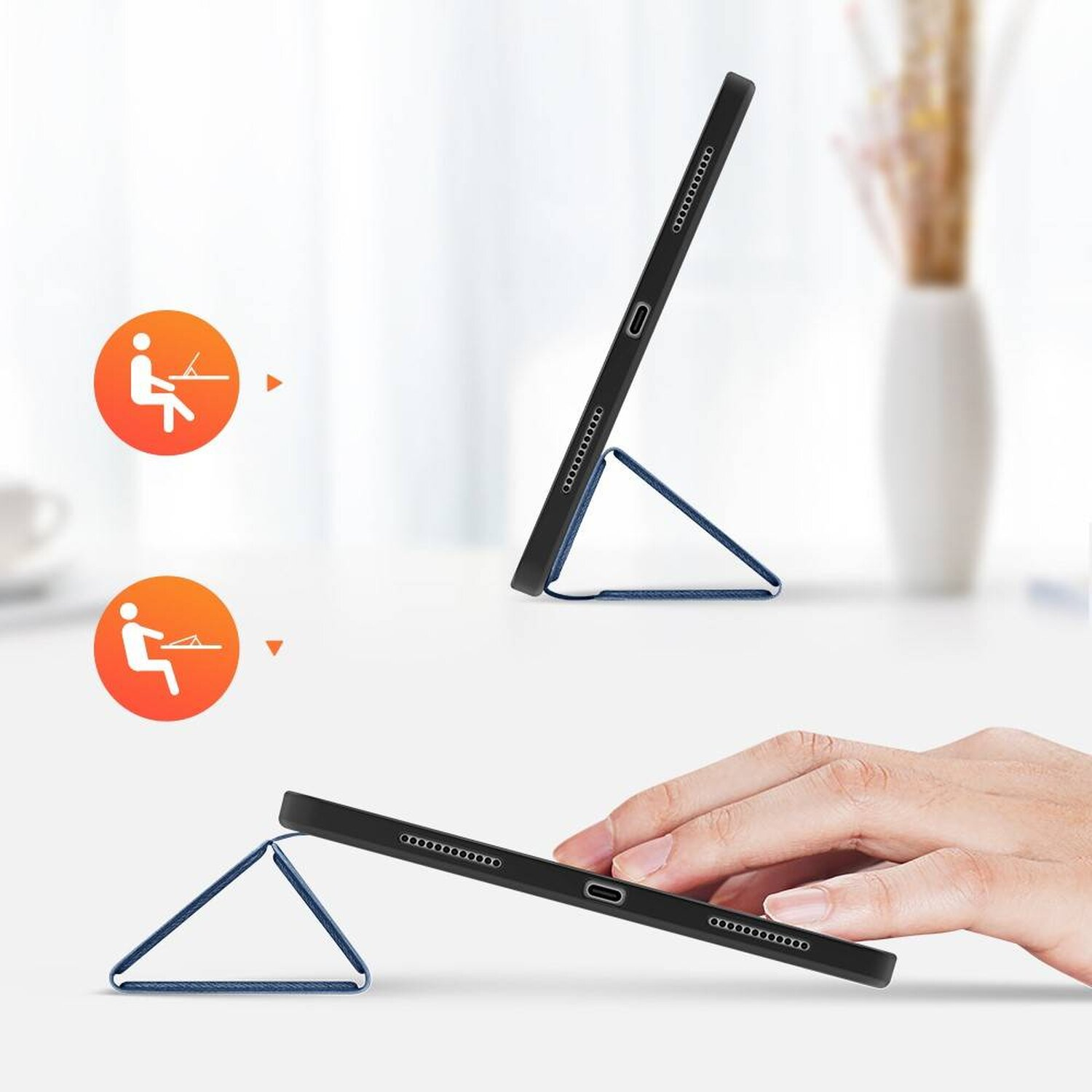 Tablet in einer Hülle, in zwei Positionen aufgestellt. Zwei Diagramme zeigen Nutzungspositionen.