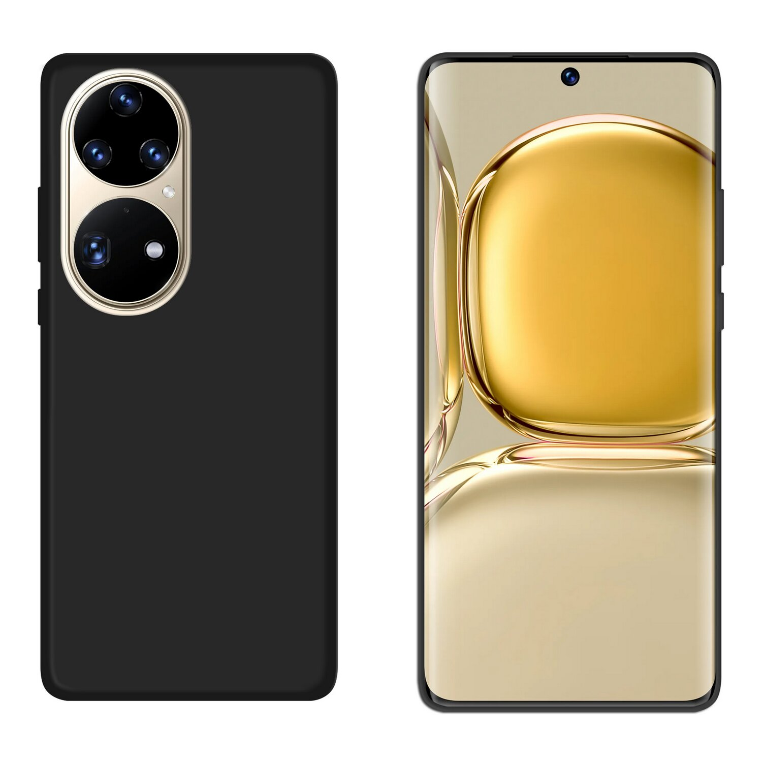 Schwarze Telefonhülle links. Telefon rechts hat goldenen Kameraring und Bildschirm.