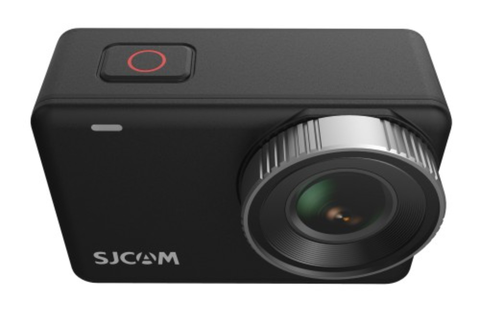 Eine schwarze SJCAM Action-Kamera. Die Kamera hat einen roten Knopf und ein Objektiv.