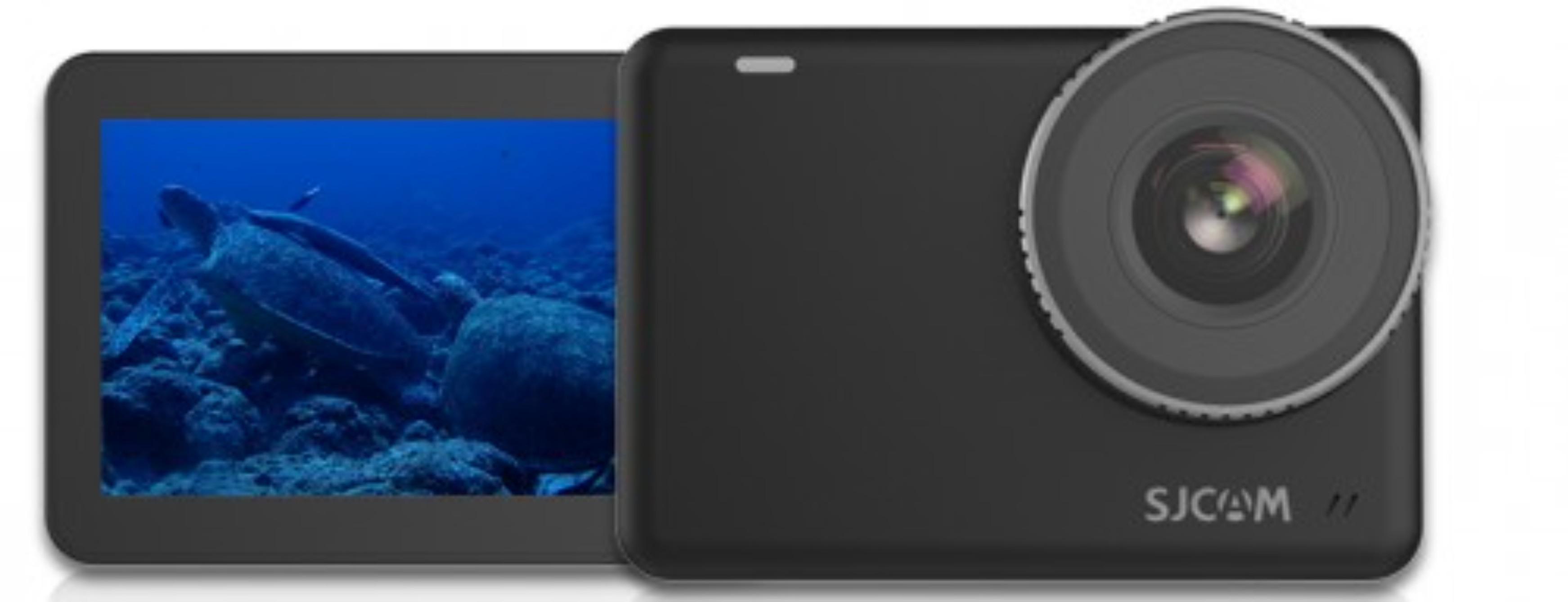 Eine schwarze Action-Kamera mit einem Bildschirm, der Unterwassertiere zeigt.
