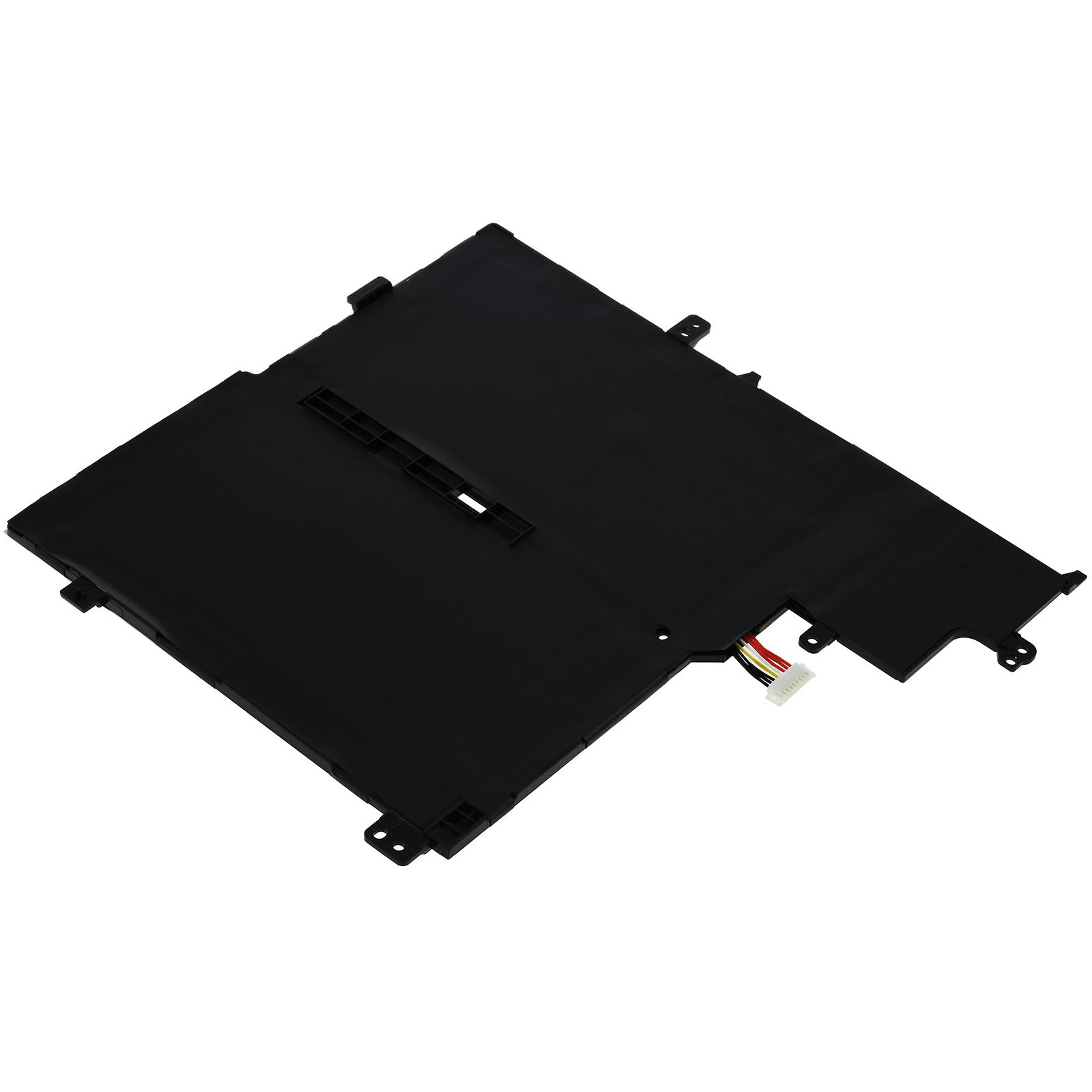 Ein schwarzer Laptop-Akku auf weißer Oberfläche. Es ist eine offene, flache Form.