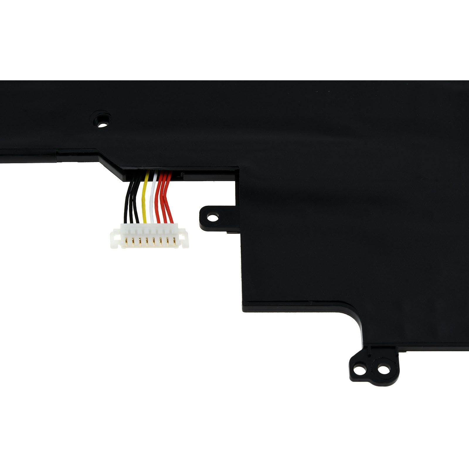 Ein schwarzer Laptop-Akku mit farbigen Drähten und einem Stecker auf weißem Grund.