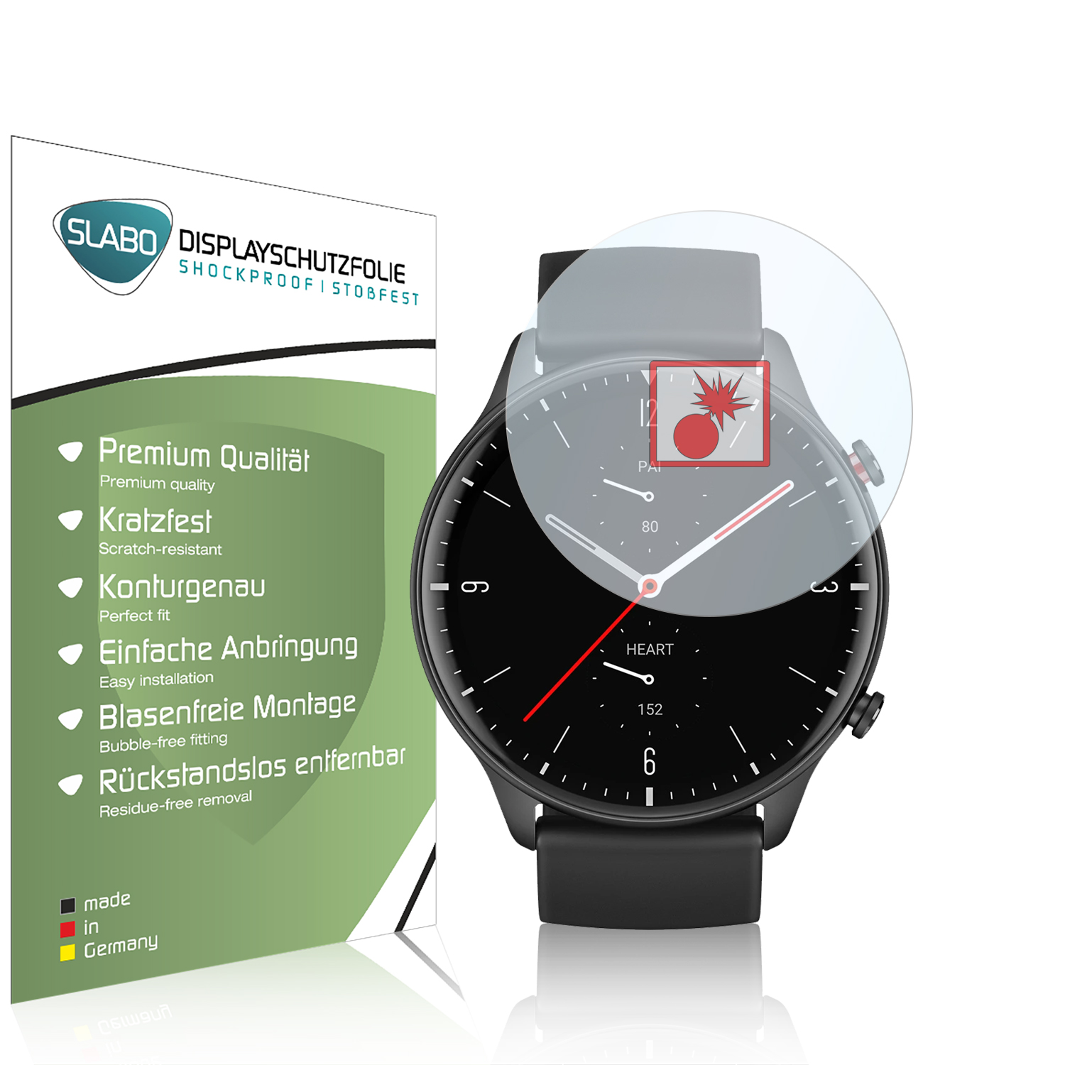 Smartwatch mit angebrachter Displayschutzfolie, zeigt Zeit und Herzfrequenz.