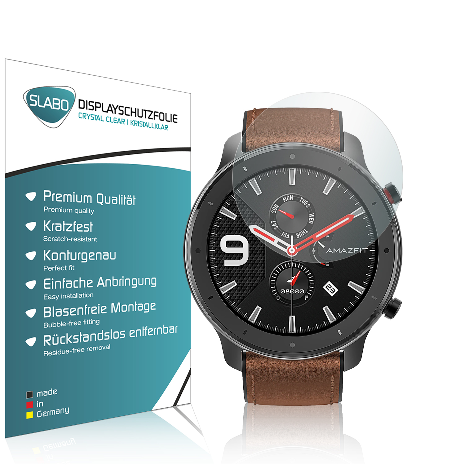 Eine Smartwatch mit Displayschutzfolie und einer Infobox. Die Uhr hat ein braunes Armband.