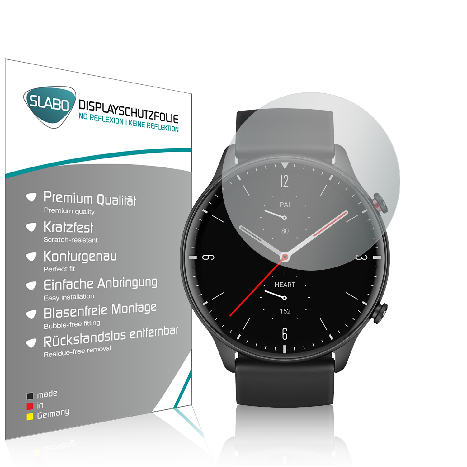 Smartwatch mit Displayschutzfolie, schwarzem Gehäuse und weißem Hintergrund mit Text.