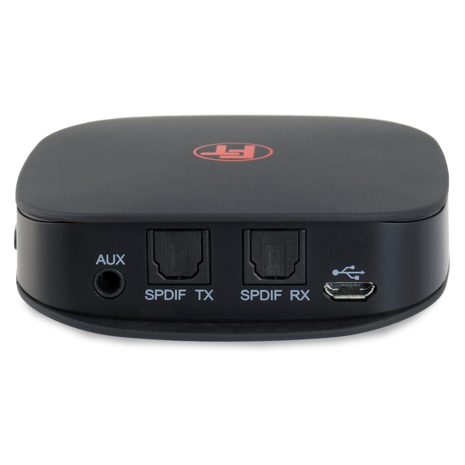 Schwarzer Audio-Empfänger mit AUX-, SPDIF-Ein-/Ausgängen und einem USB-Anschluss. Rotes Logo oben.