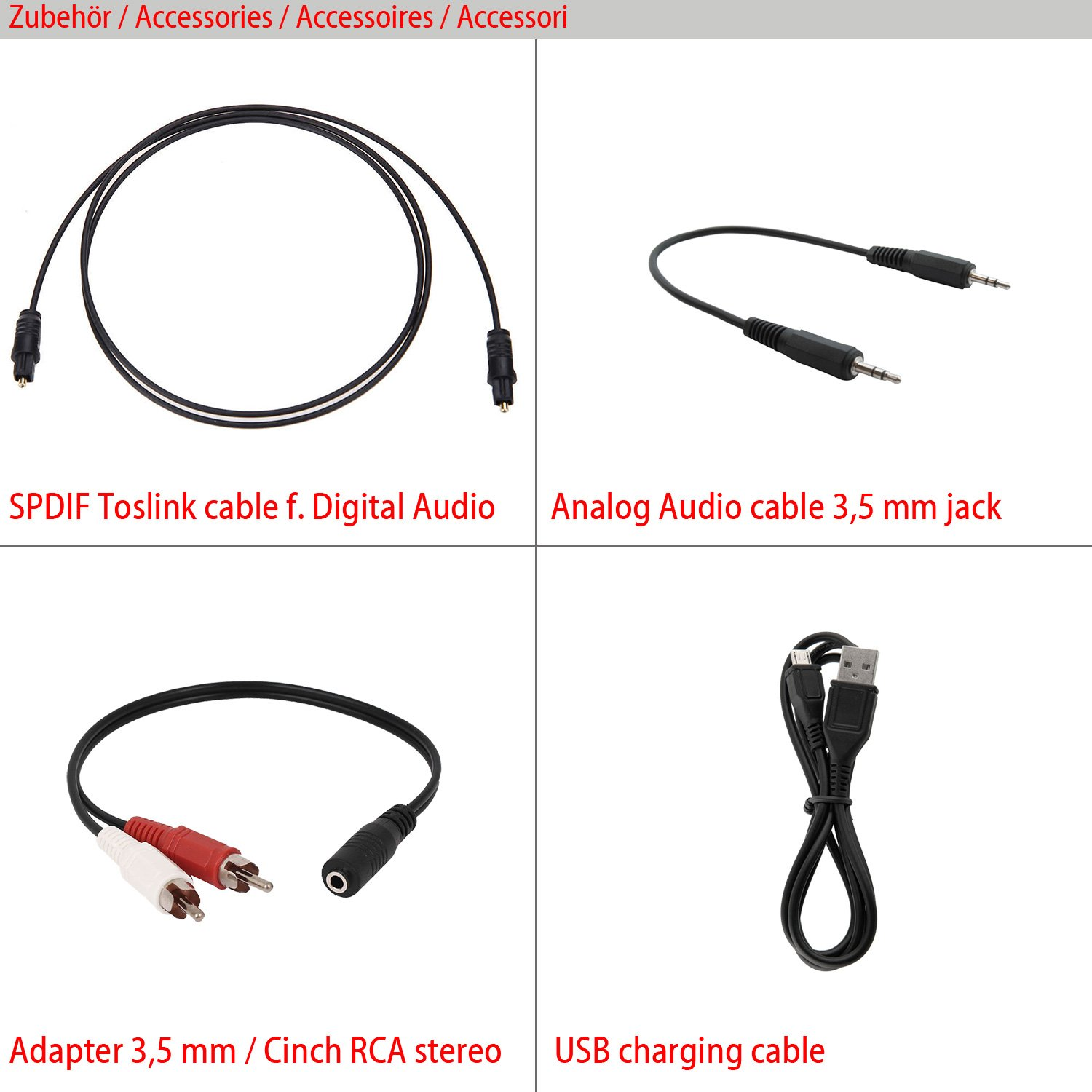 Vier verschiedene Audiokabel. Eines ist ein Toslink-Kabel, eines ein 3,5-mm-Klinkenstecker, Cinch-Kabel und ein USB-Kabel.