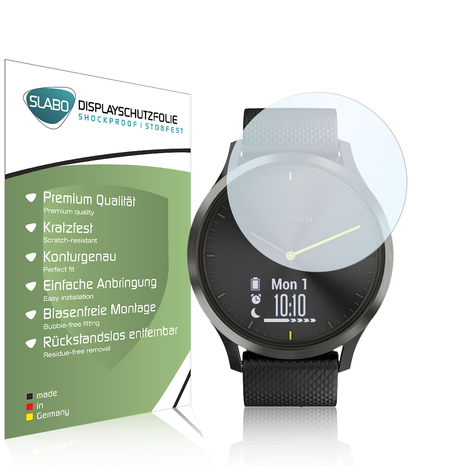 Eine Smartwatch und eine Displayschutzfolienverpackung mit Text, neben der Uhr.