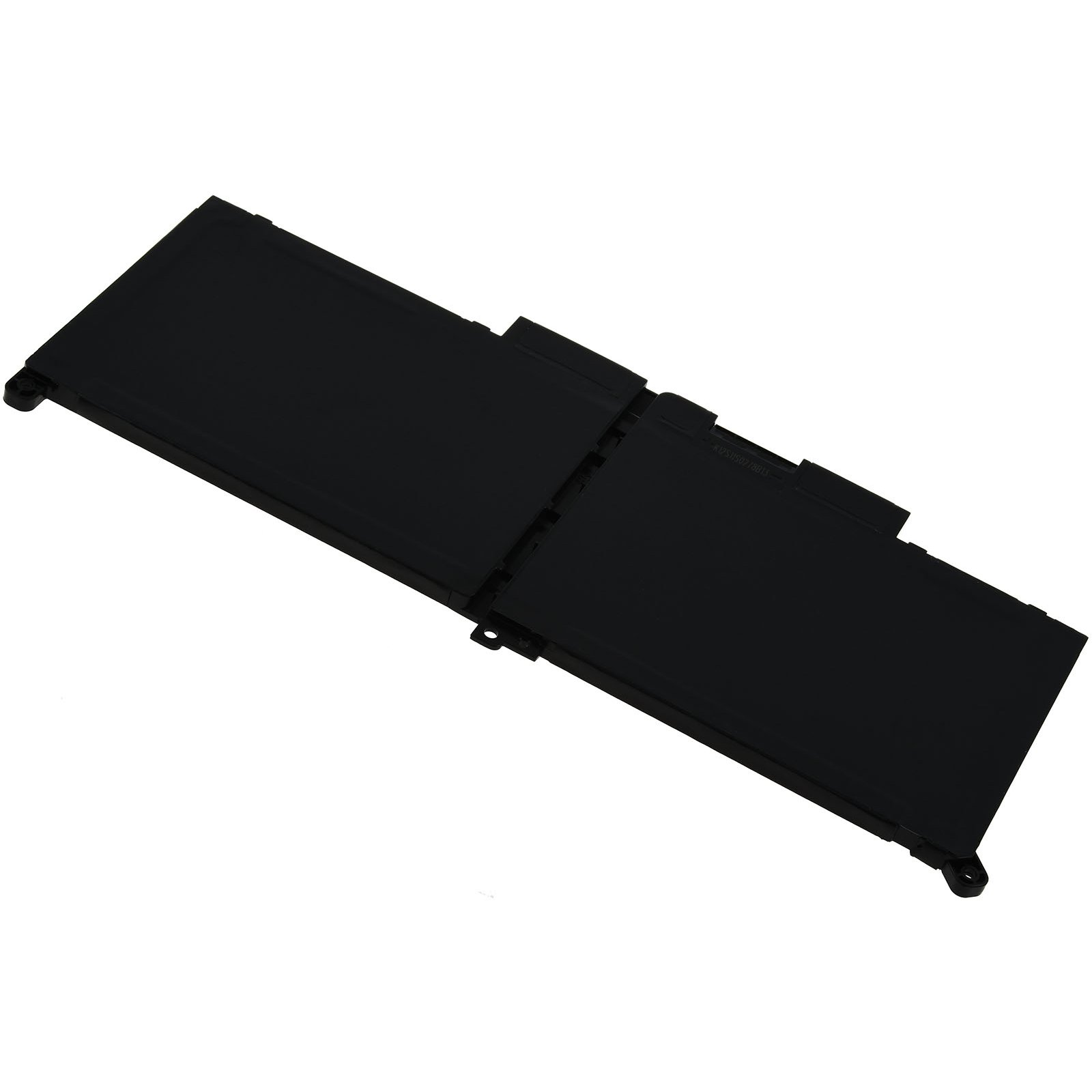 Una batería de portátil negra y rectangular. La batería tiene una estructura compleja.