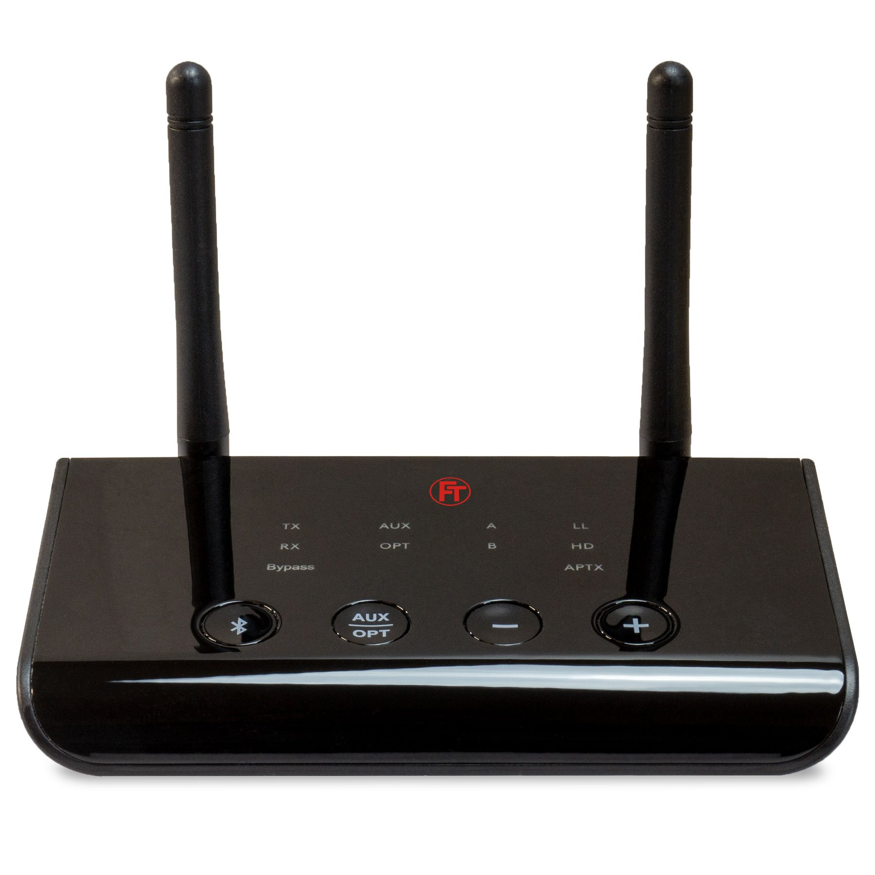 Schwarzer Audio-Empfänger mit zwei Antennen. Tasten sind Bluetooth, AUX und Lautstärke. Der Hintergrund ist weiß.