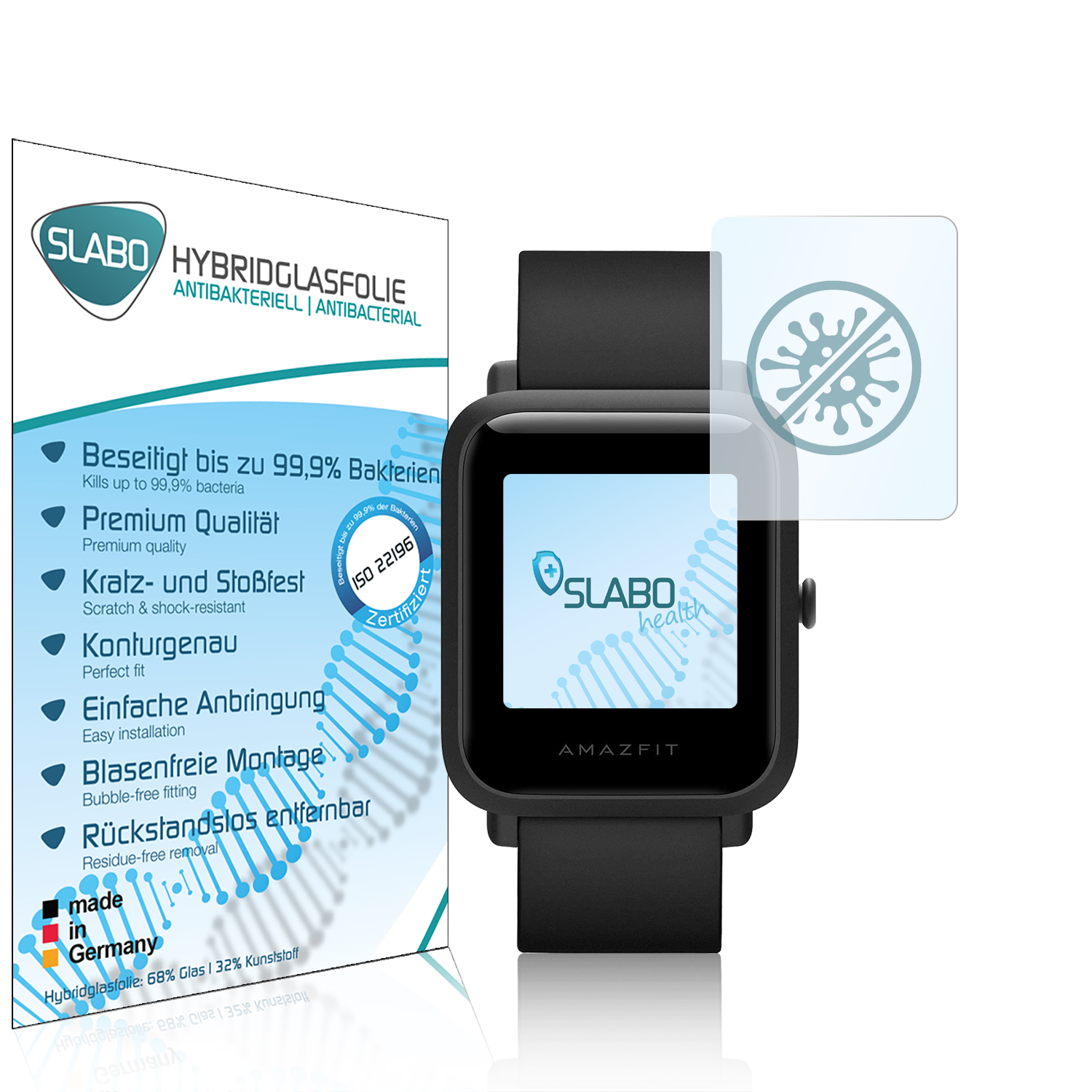 Schwarze Smartwatch mit Displayschutzfolie und weißem Hintergrund mit Text und Logo.