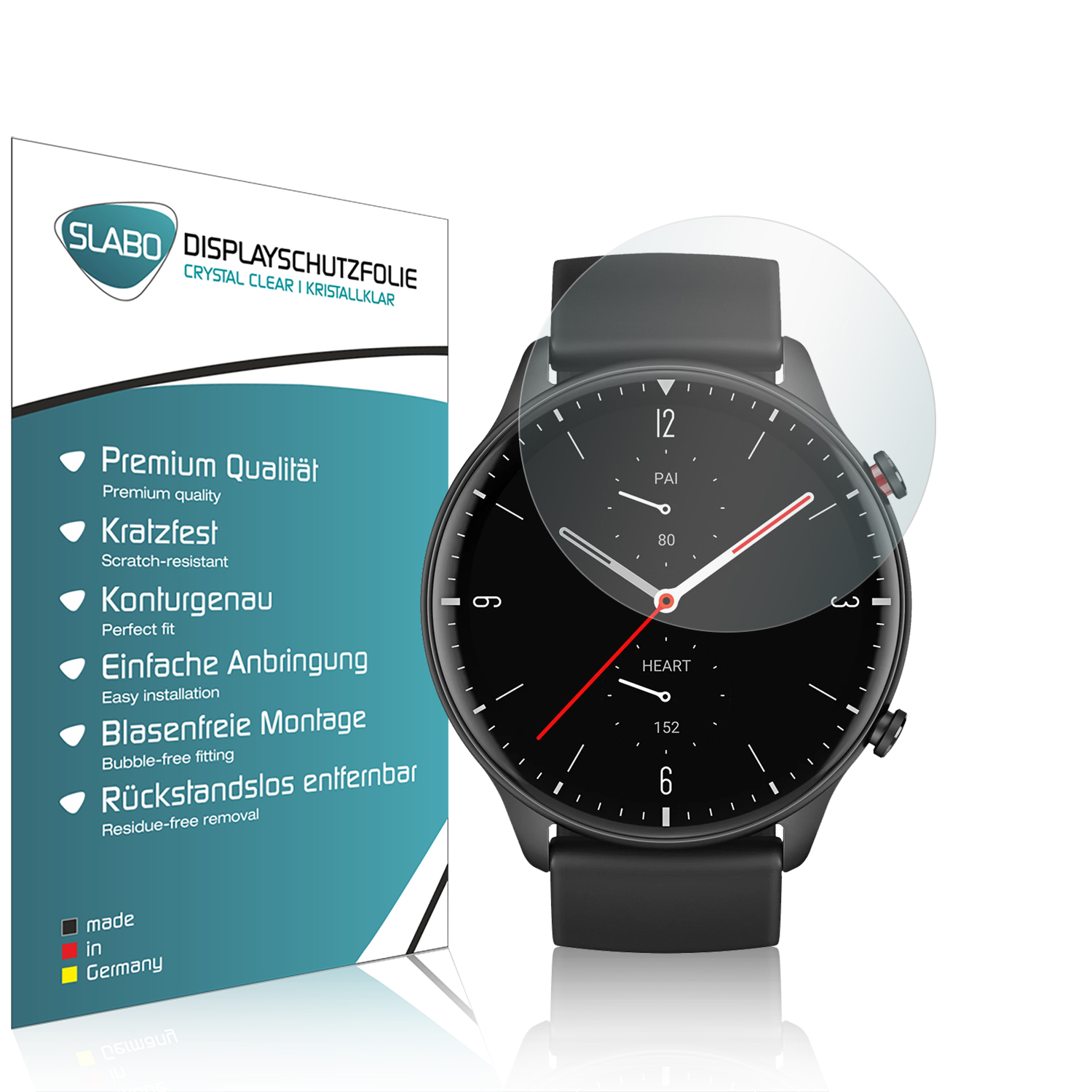 Smartwatch mit Displayschutzfolie. Eine Box mit Text befindet sich links. Die Uhr zeigt Zeit und Gesundheitsdaten.