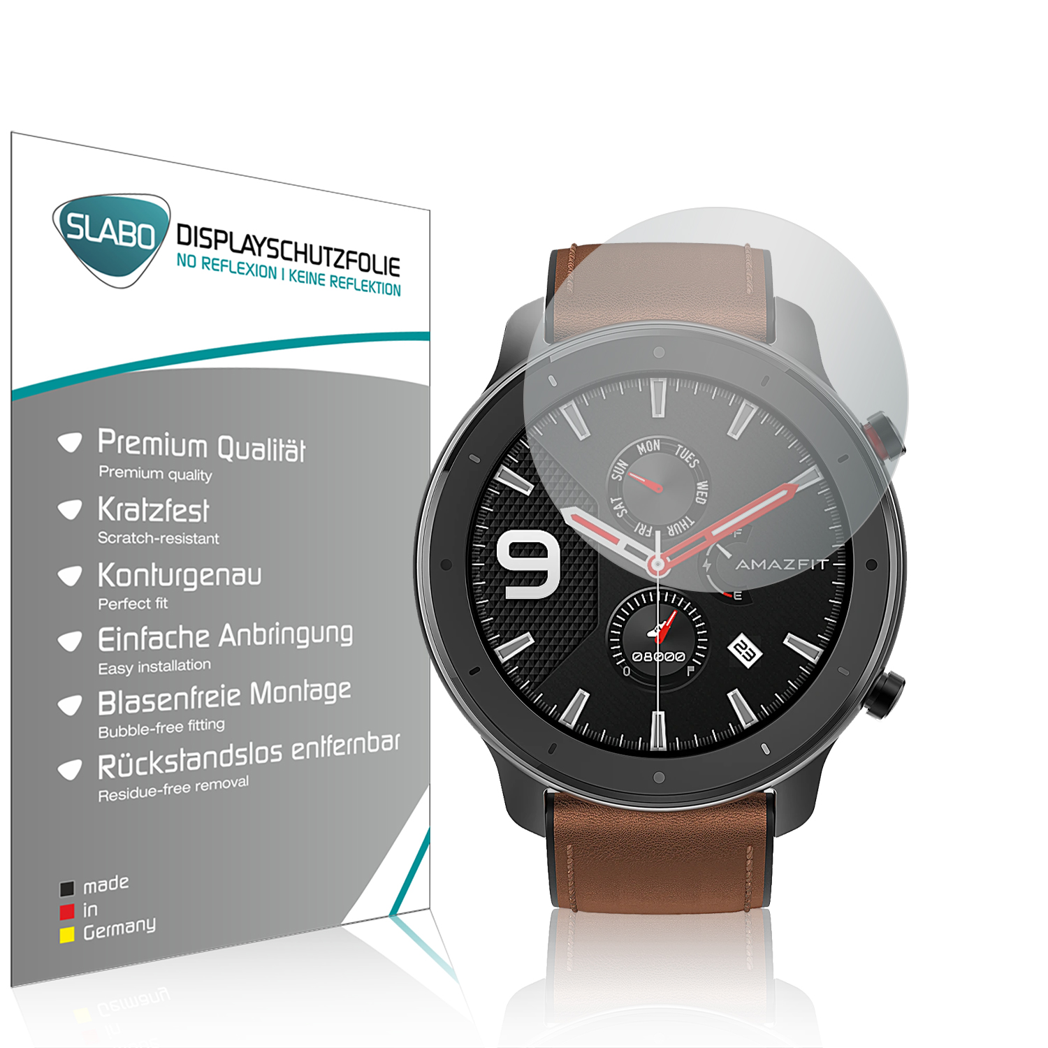 Smartwatch mit Displayschutzfolie und Verpackung. Die Uhr hat ein braunes Armband, der Displayschutz ist klar. Die Verpackung ist weiß.