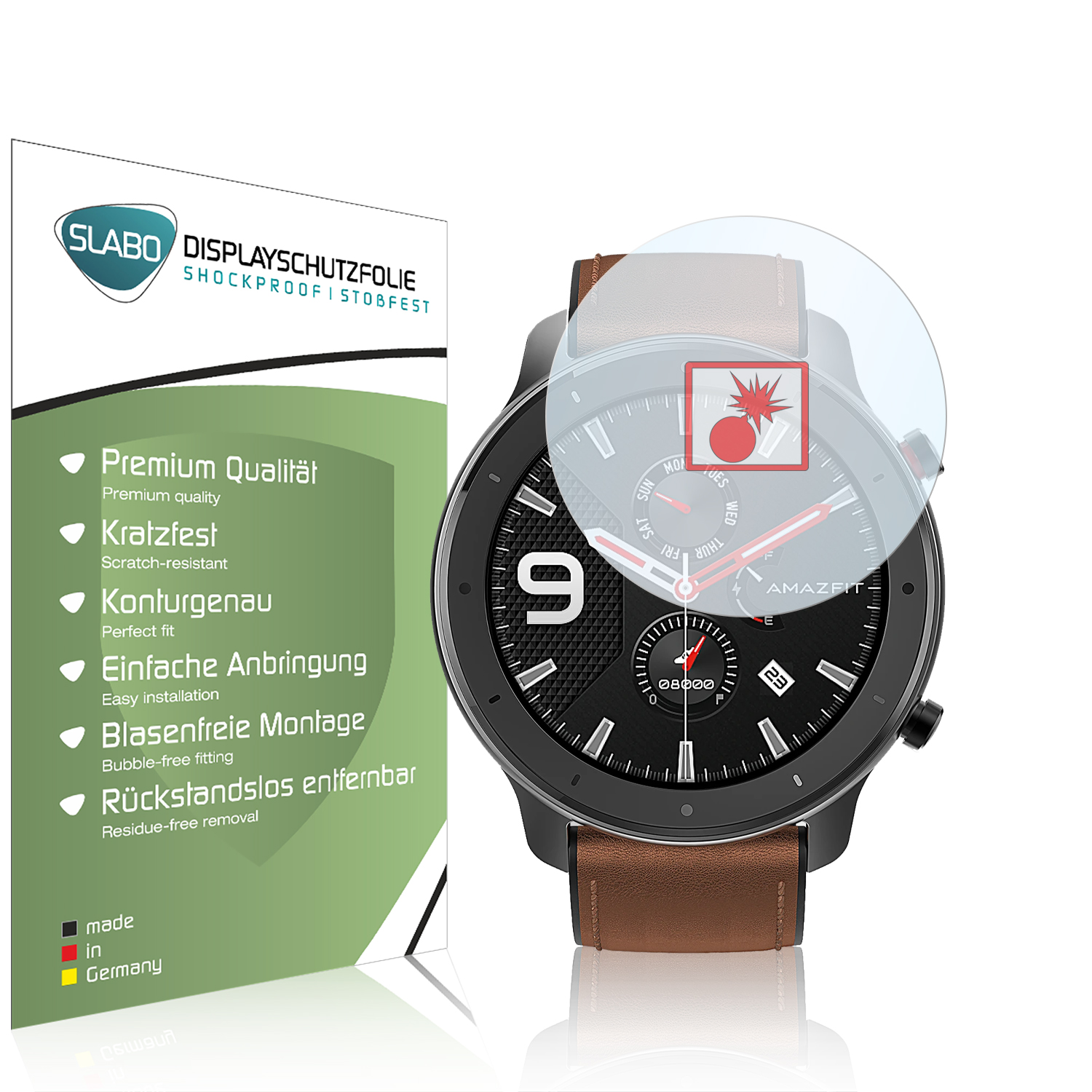 Eine Smartwatch mit Displayschutzfolie und einer Box mit Text über die Eigenschaften des Schutzes.
