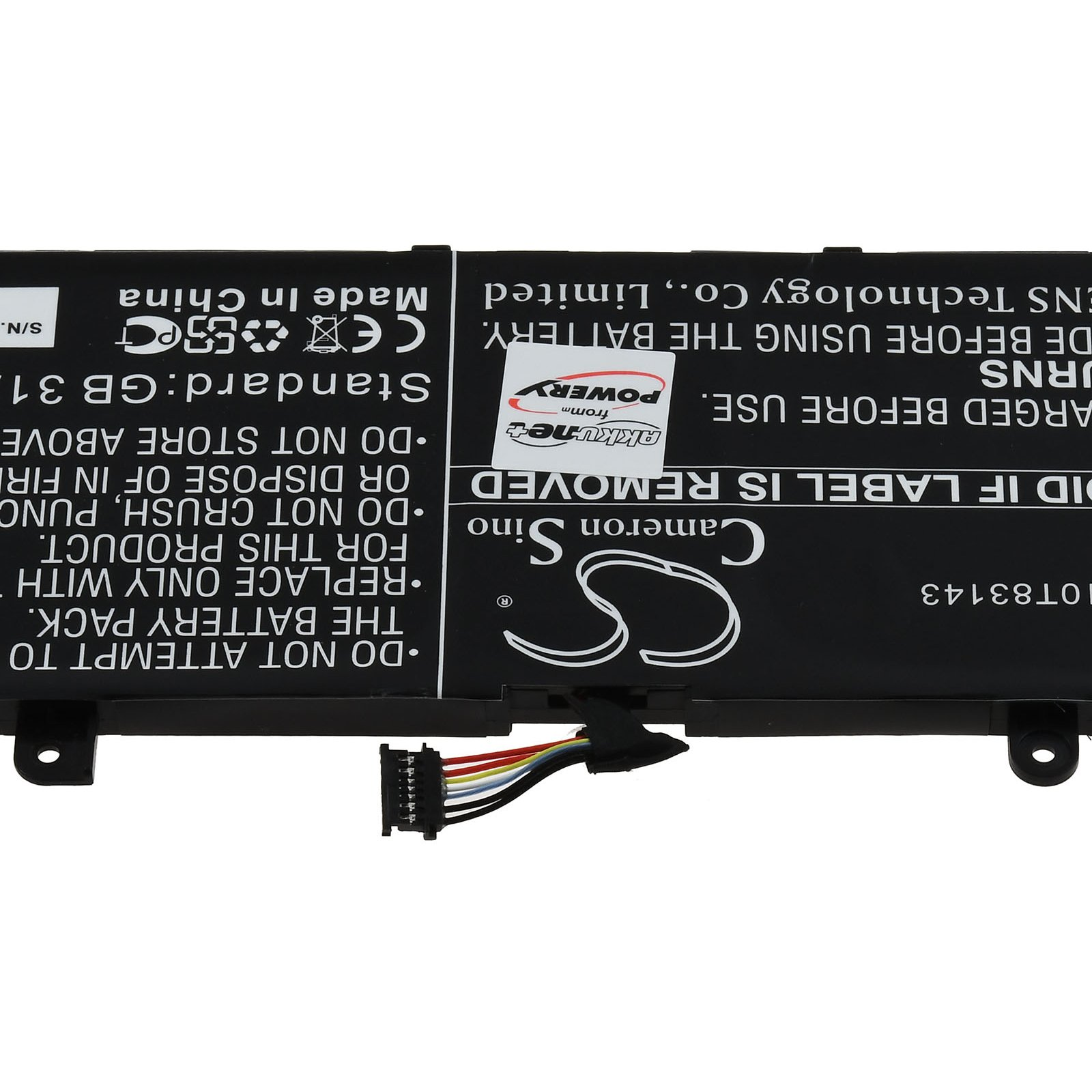 Un paquete de baterías con etiquetas y un conector negro con cables de colores.
