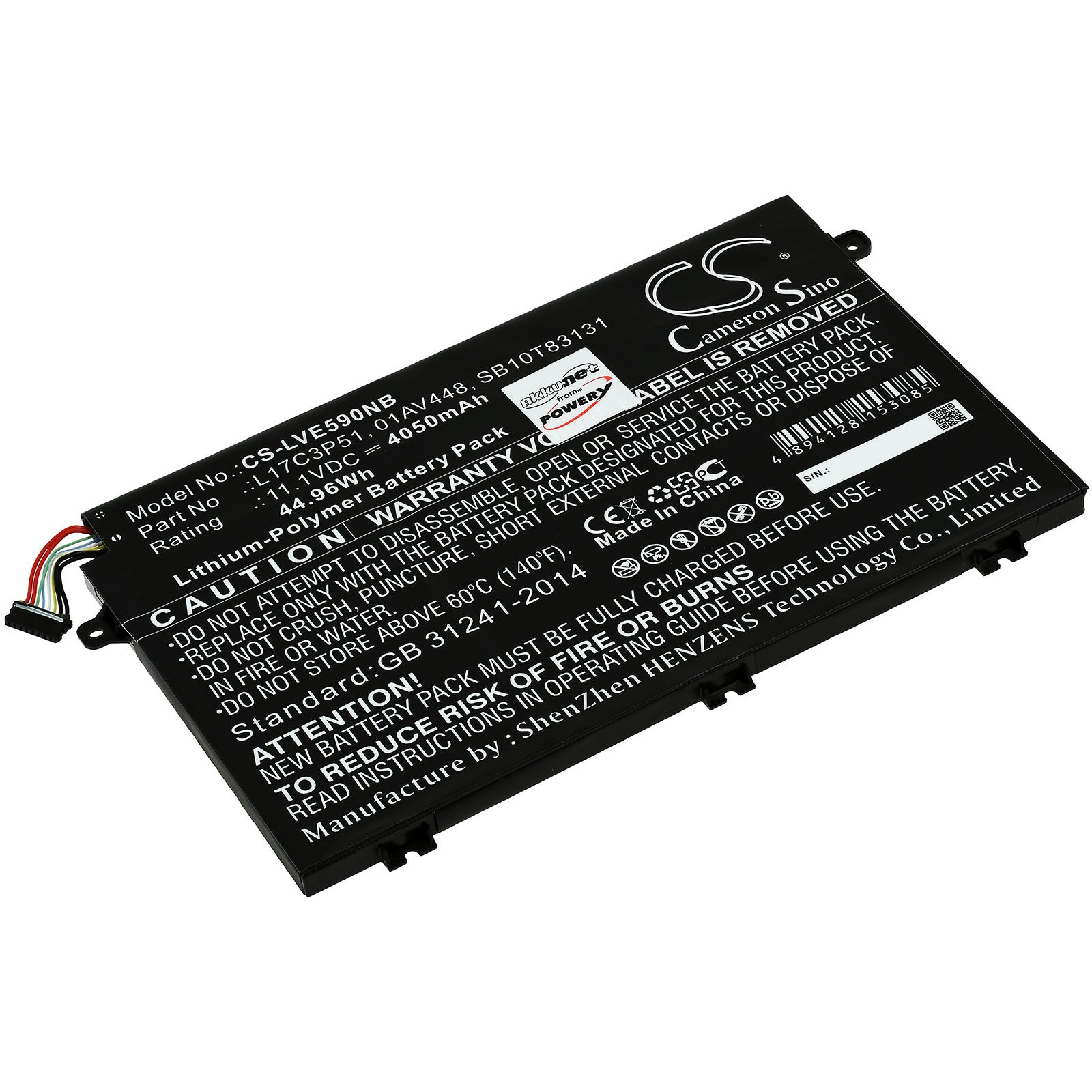 Schwarzer Laptop-Akku mit Text, Warnetiketten und einem Stecker. Weißer Hintergrund.
