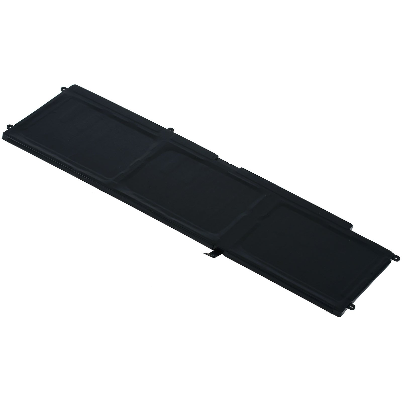 Ein schwarzer, rechteckiger Laptop-Akku wird vor weißem Hintergrund gezeigt, wobei der Fokus auf Struktur und Design liegt.