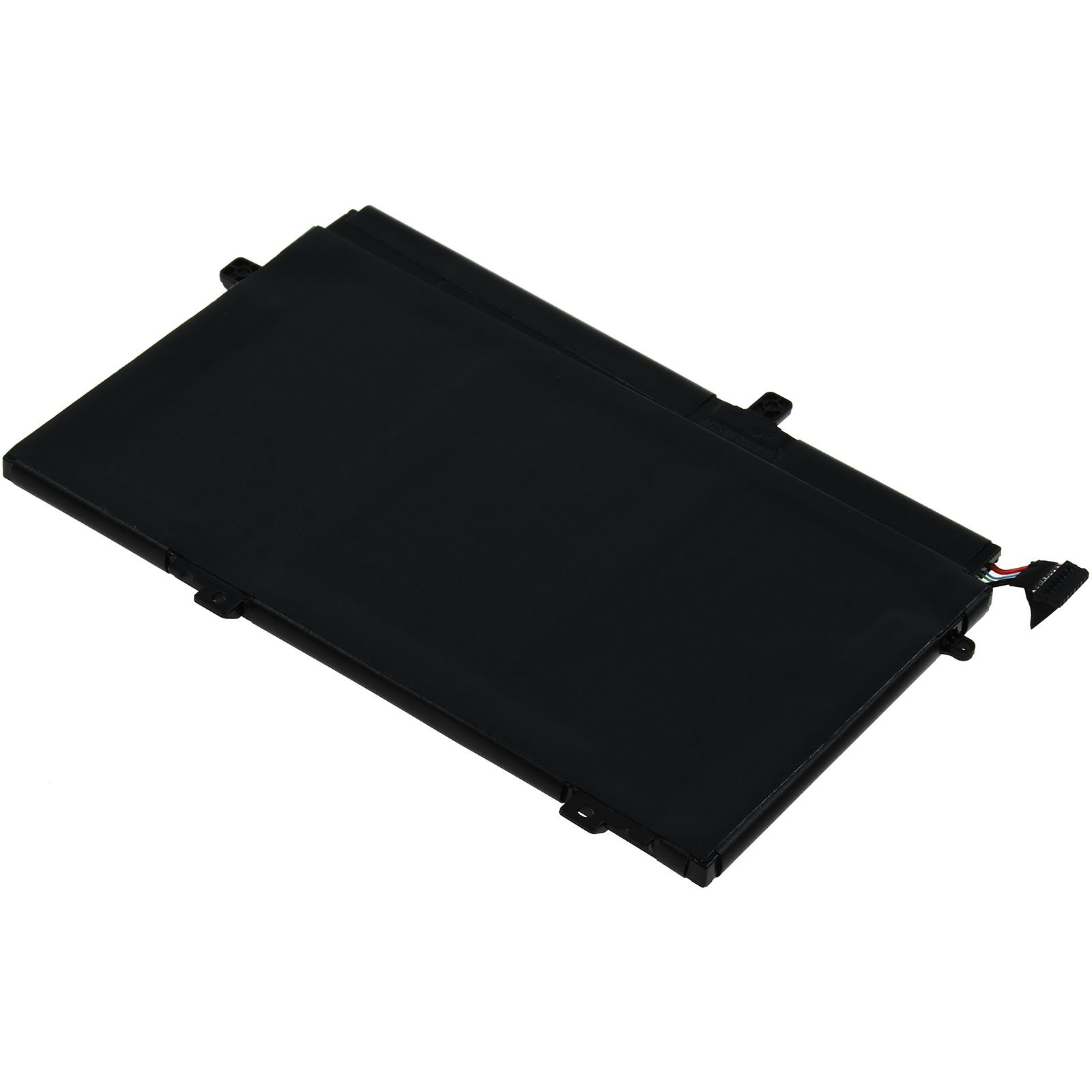 Batería negra de portátil sobre superficie blanca. Forma plana, conectores en un lado.
